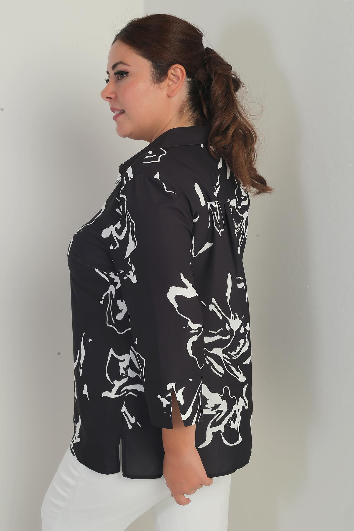 S-25Y1040002Kadın Polo Yaka Çeyrek Kol Soyut Desenli Büyük Beden Bluz