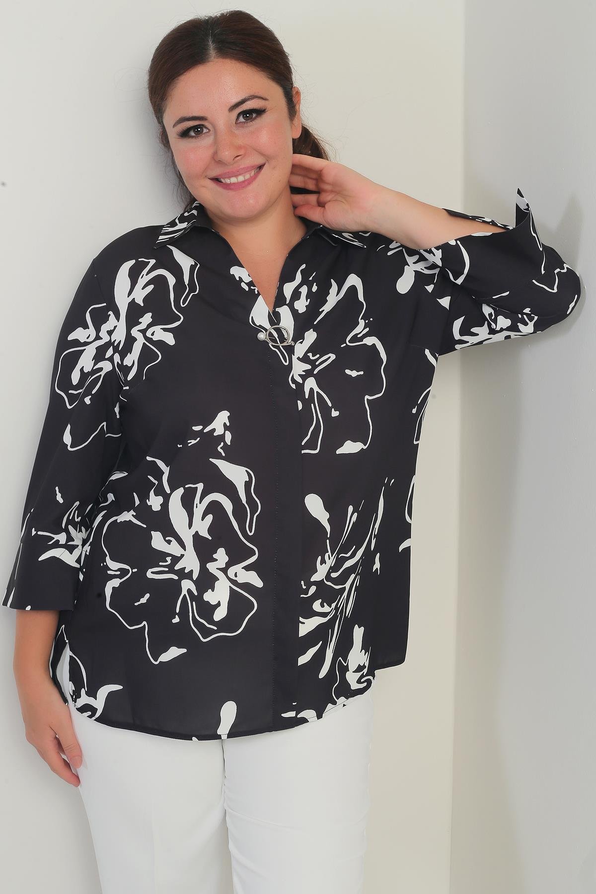 S-25Y1040002Kadın Polo Yaka Çeyrek Kol Soyut Desenli Büyük Beden Bluz