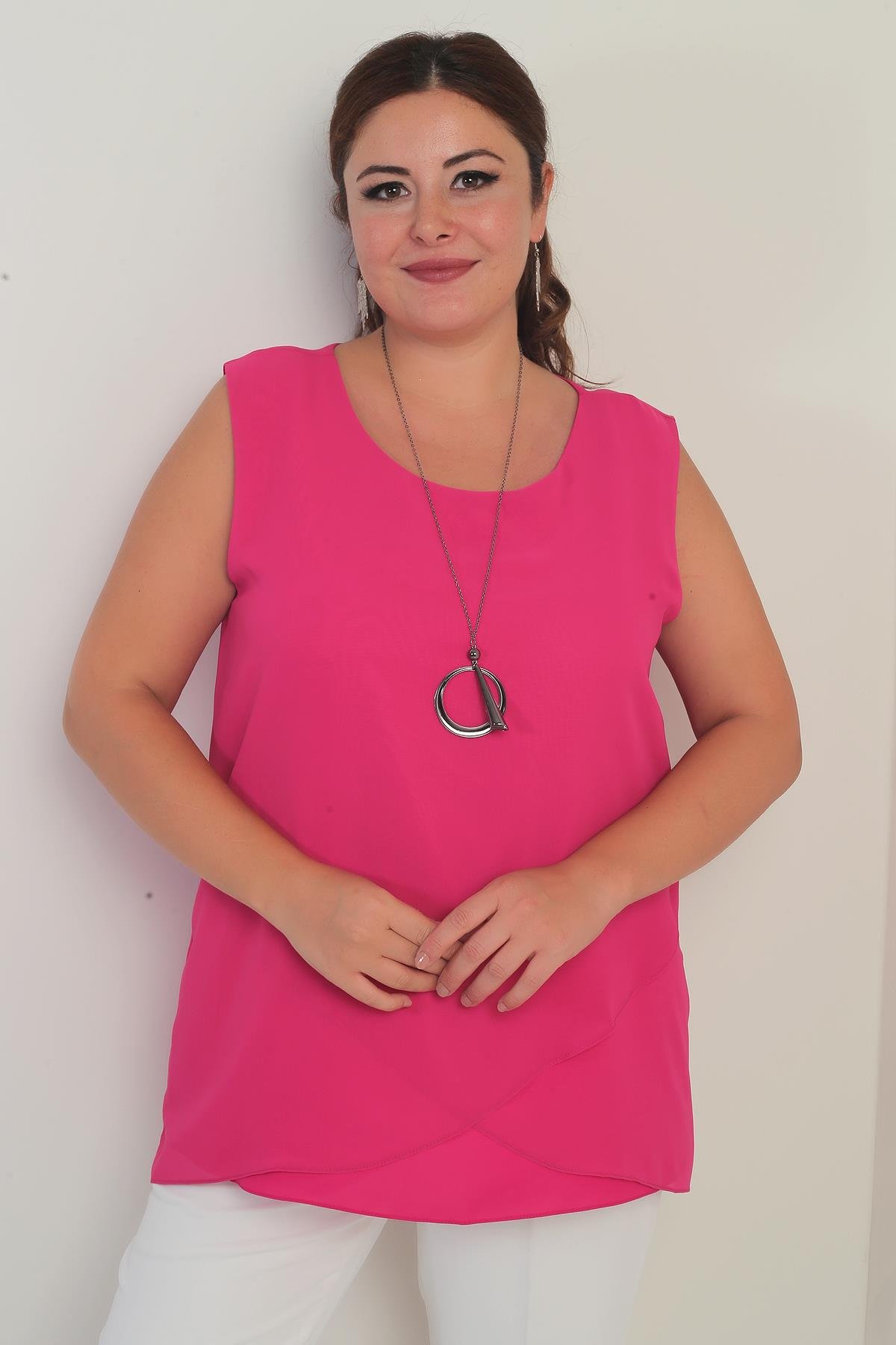 S-25Y1040003Kadın Üstü Şifon Kolsuz Büyük Beden Bluz