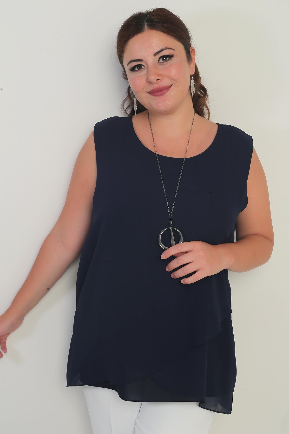 S-25Y1040003Kadın Üstü Şifon Kolsuz Büyük Beden Bluz