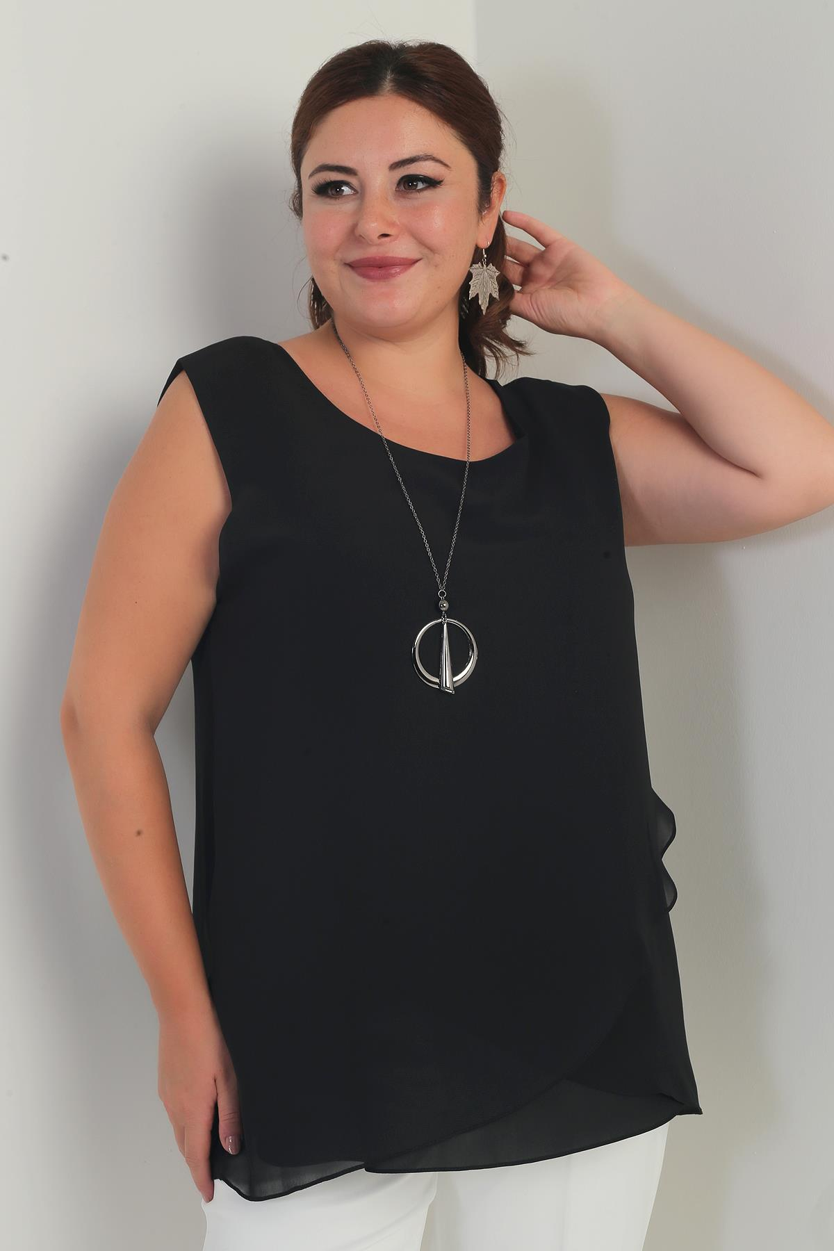 S-25Y1040003Kadın Üstü Şifon Kolsuz Büyük Beden Bluz