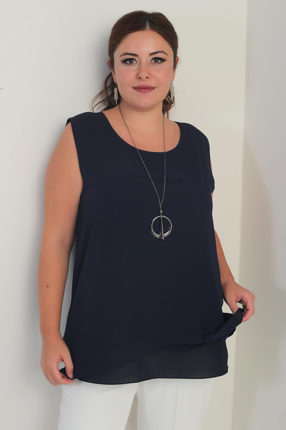 S-25Y1040003Kadın Üstü Şifon Kolsuz Büyük Beden Bluz