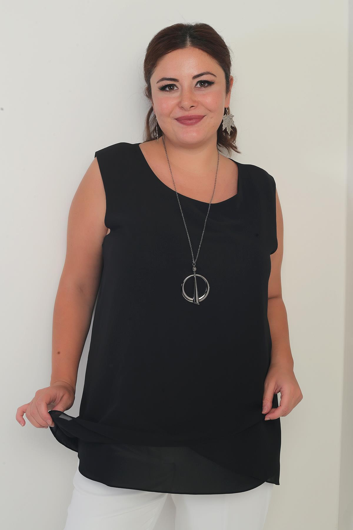 S-25Y1040003Kadın Üstü Şifon Kolsuz Büyük Beden Bluz