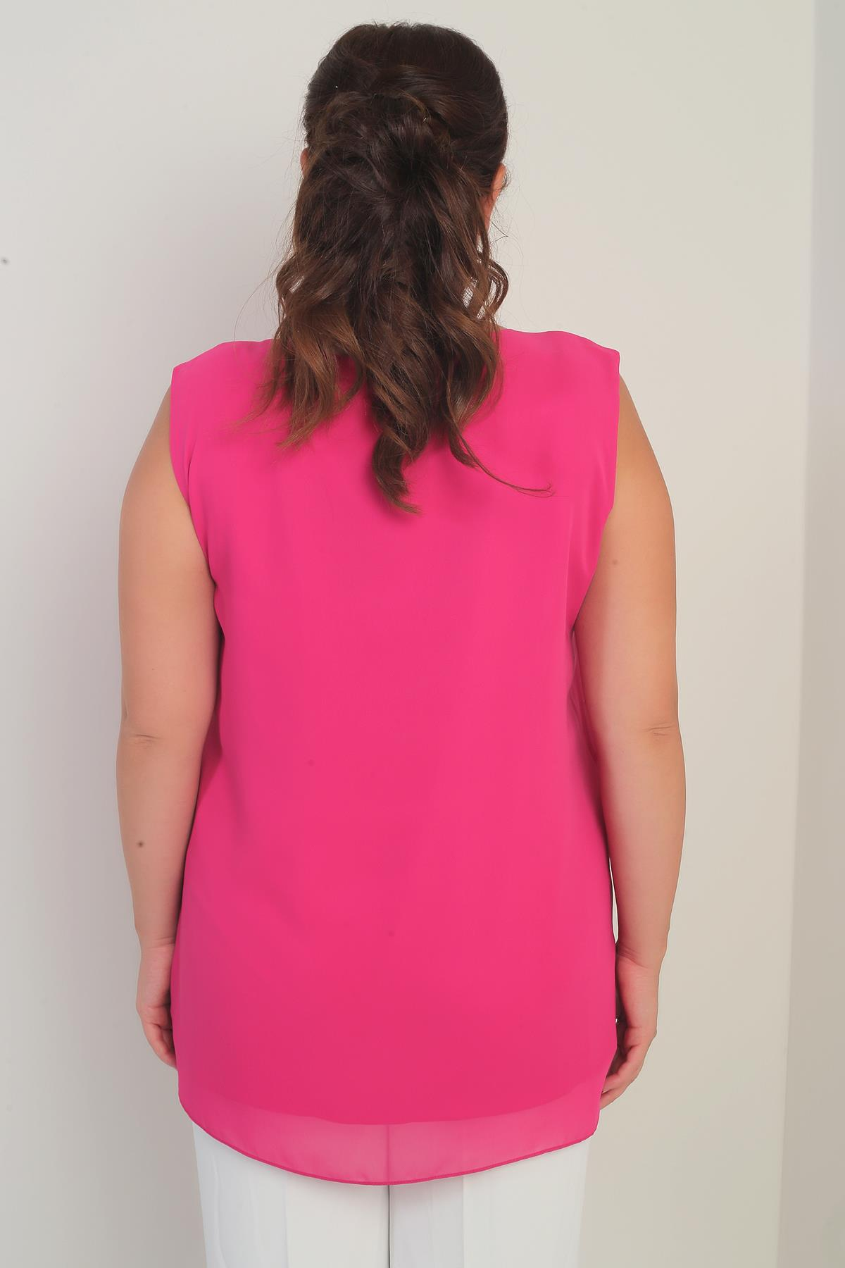 S-25Y1040003Kadın Üstü Şifon Kolsuz Büyük Beden Bluz