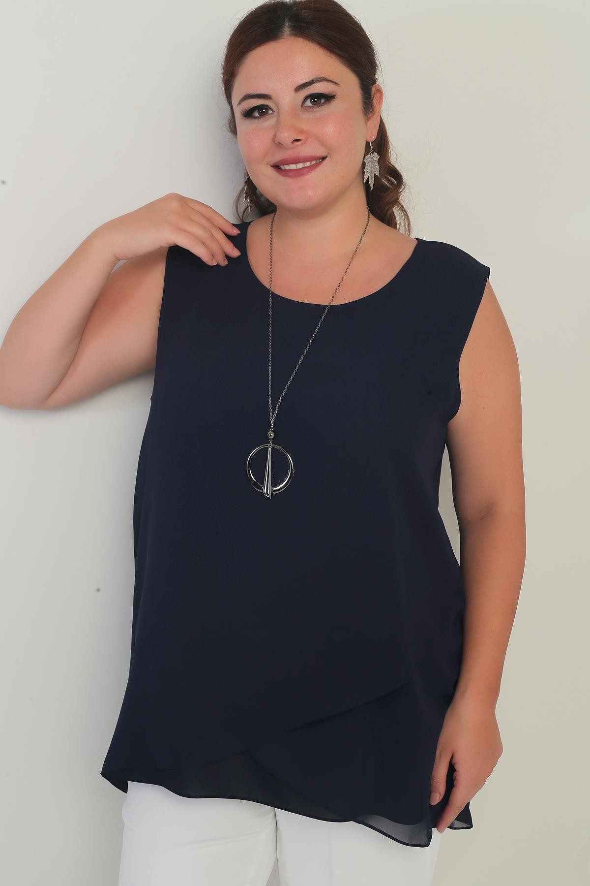 S-25Y1040003Kadın Üstü Şifon Kolsuz Büyük Beden Bluz