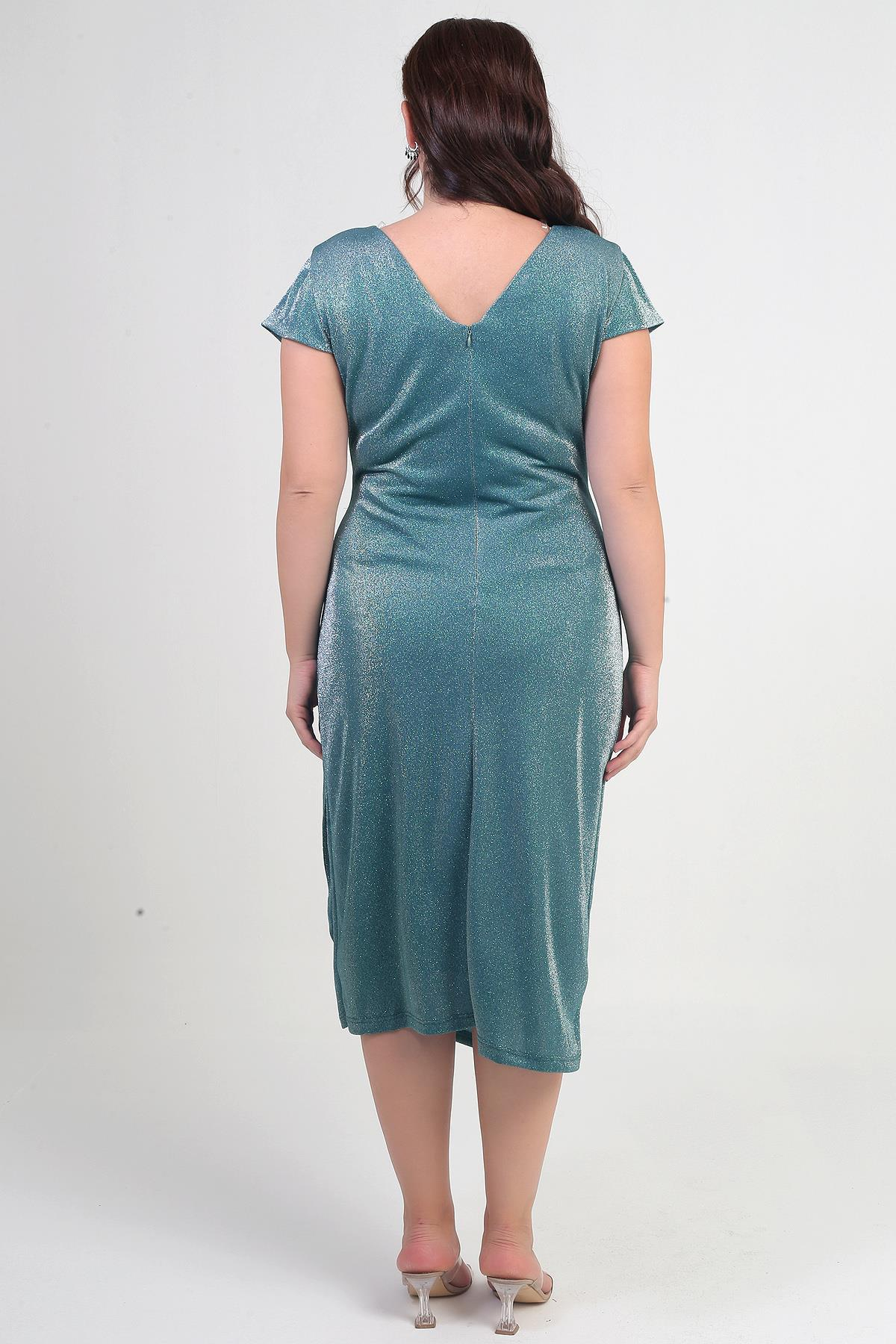 S-25Y1040005Kadın Ön Arka V Yaka Beli Taş Detaylı Astarlı Simli Sandy Kumaş Büyük Beden Midi Elbise