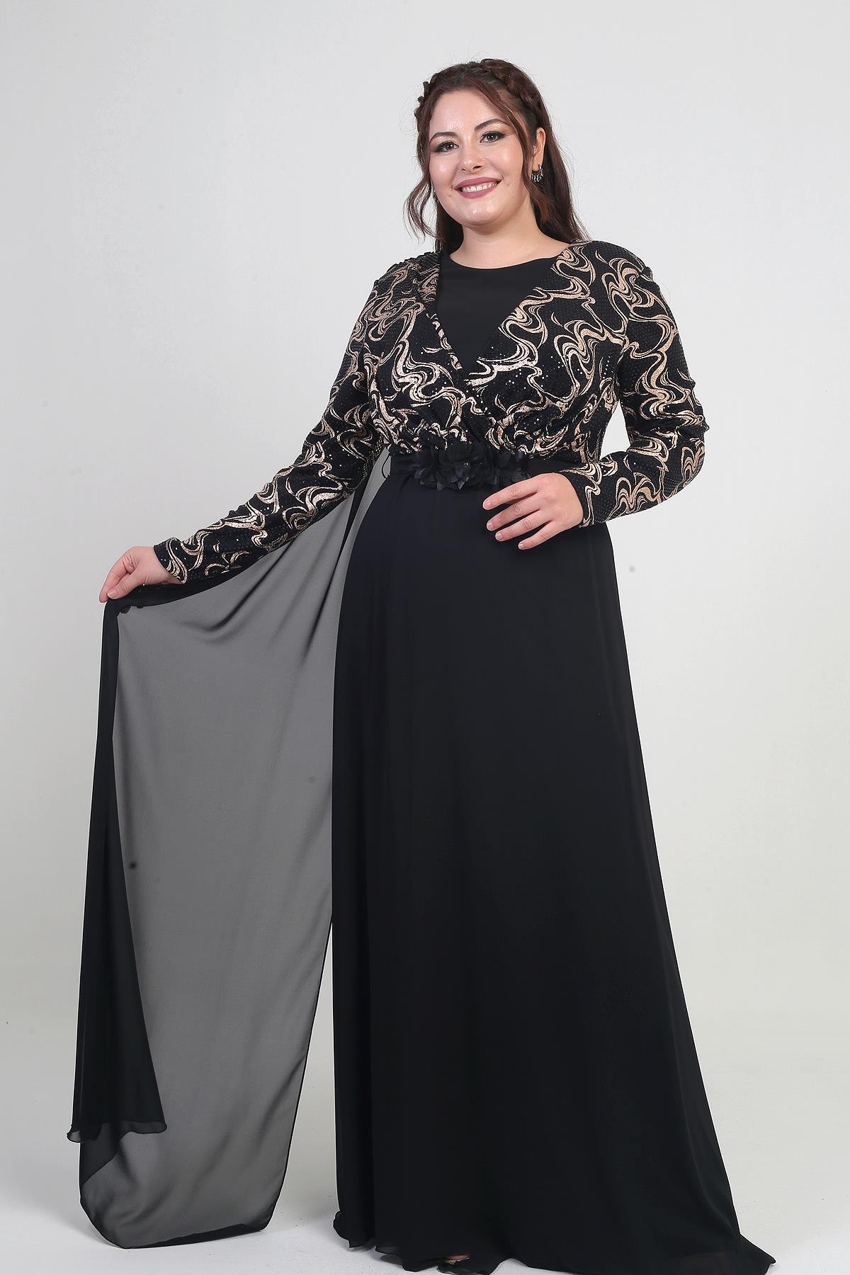 S-25Y1190018Kadın Kruvaze Yaka Görünümlü Pullu Astarlı Şifon Uzun B.B. Elbise