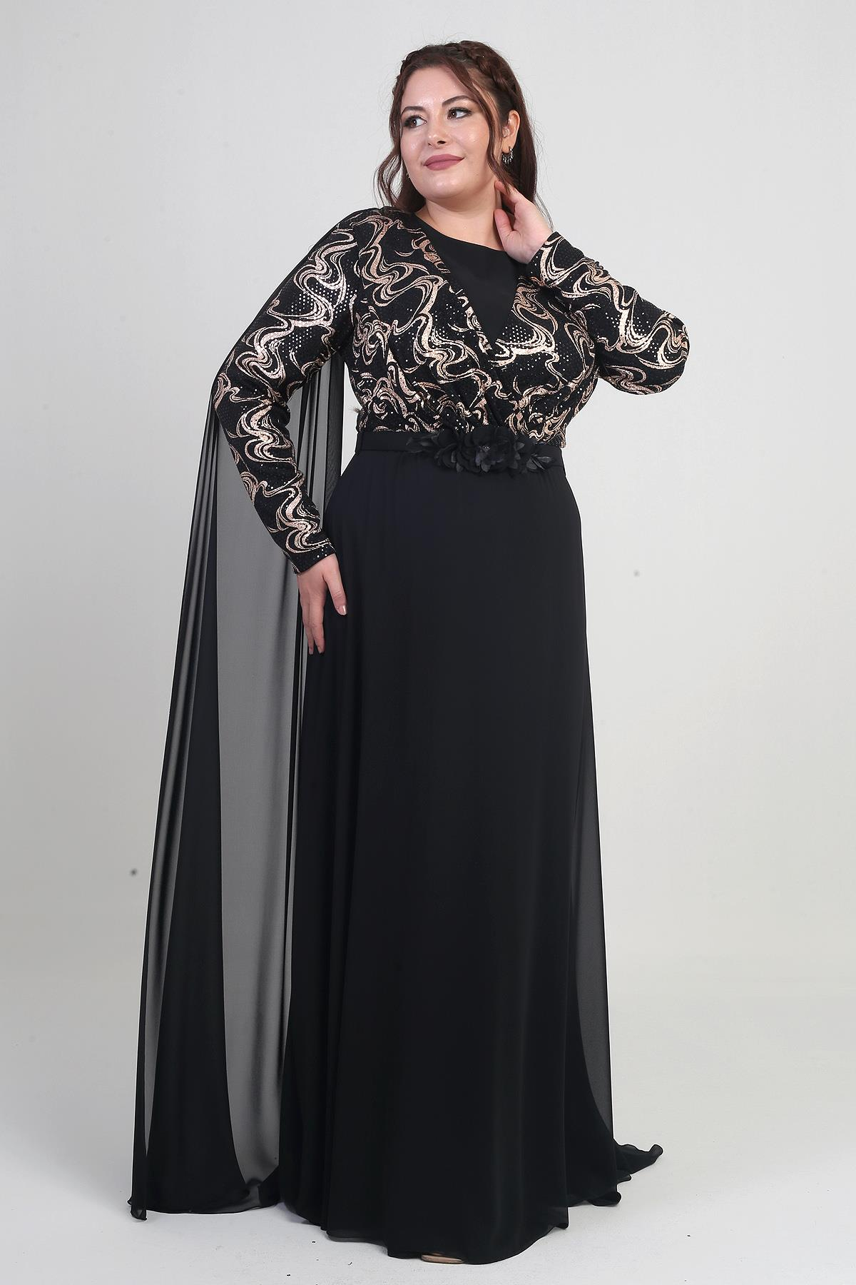 S-25Y1190018Kadın Kruvaze Yaka Görünümlü Pullu Astarlı Şifon Uzun B.B. Elbise