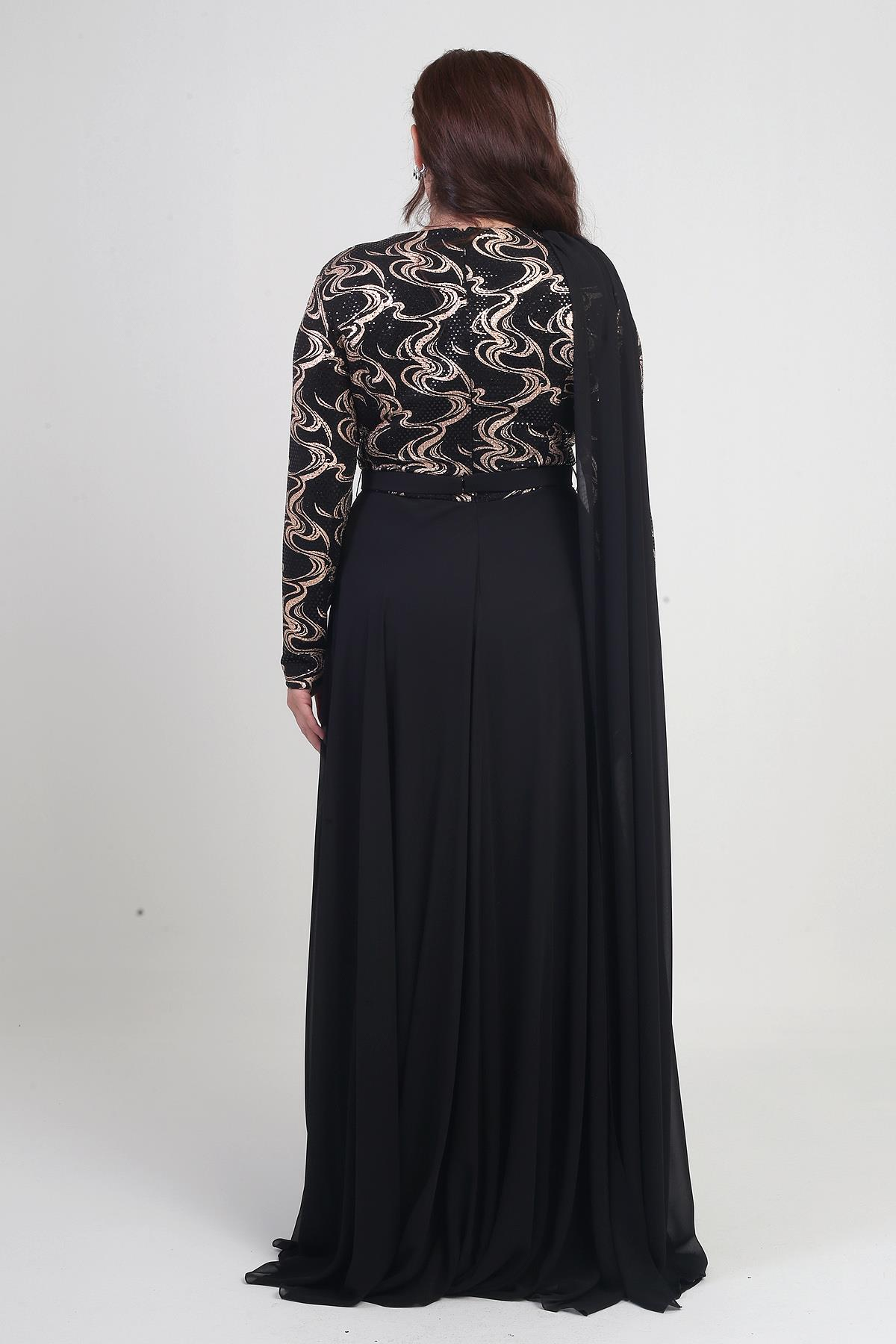 S-25Y1190018Kadın Kruvaze Yaka Görünümlü Pullu Astarlı Şifon Uzun B.B. Elbise