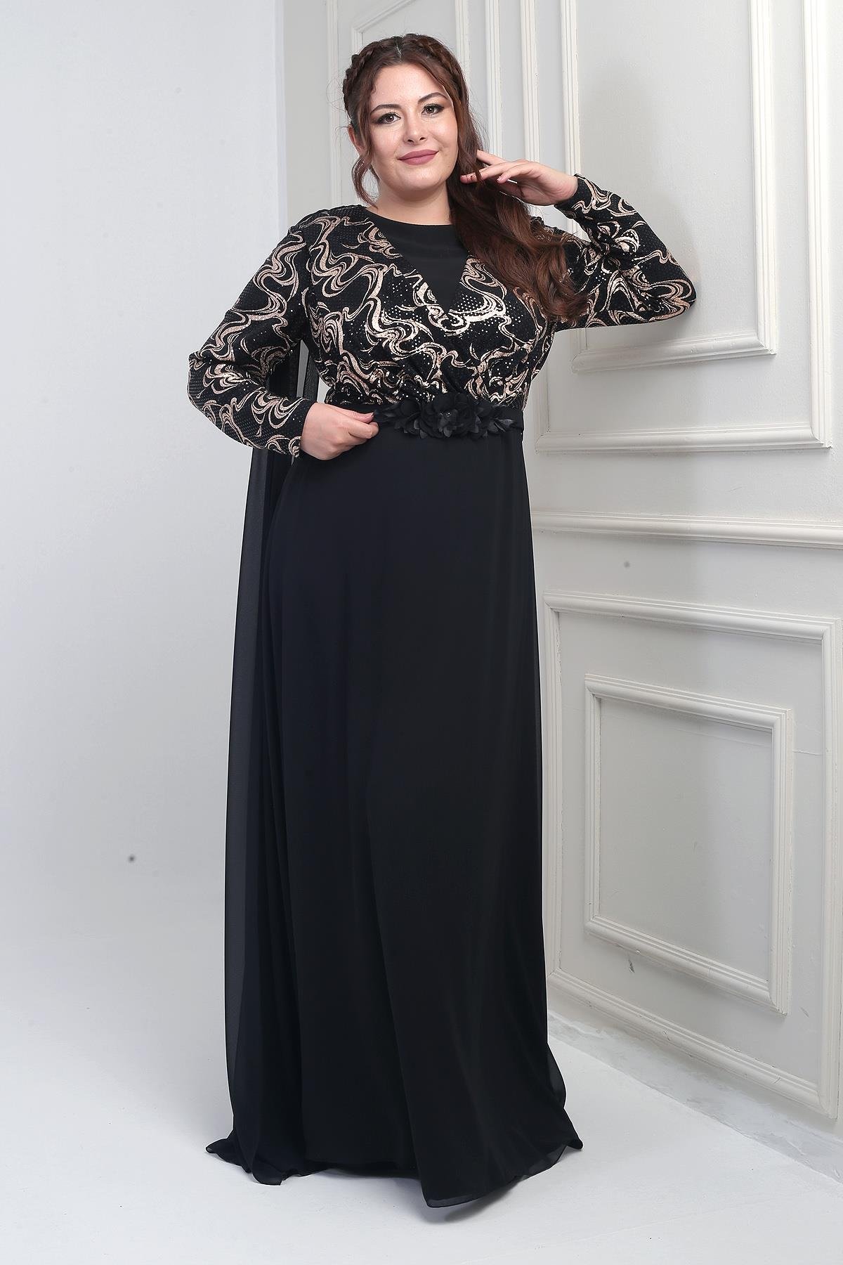 S-25Y1190018Kadın Kruvaze Yaka Görünümlü Pullu Astarlı Şifon Uzun B.B. Elbise