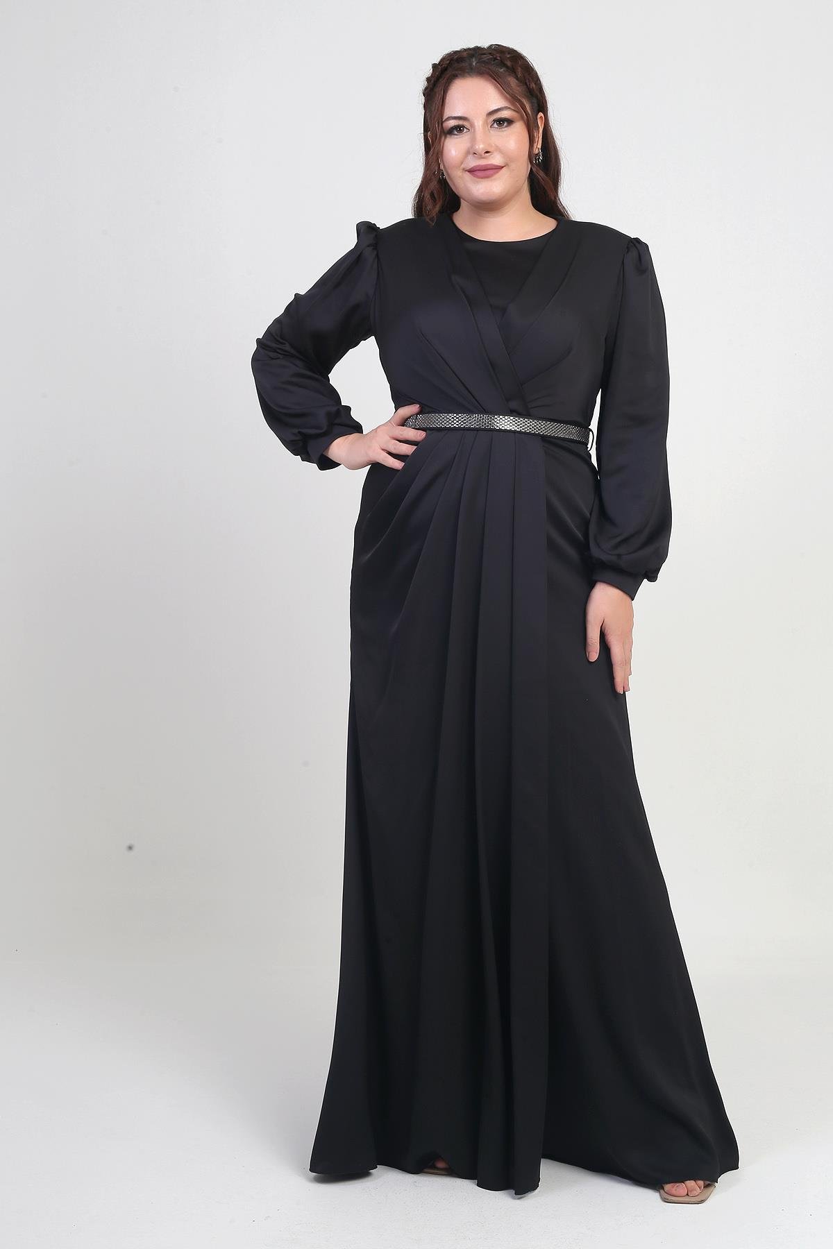 S-25Y1190019Kadın Kruvaze Yaka Görünümlü Pileli Astarlı Uzun Saten B.B. Elbise