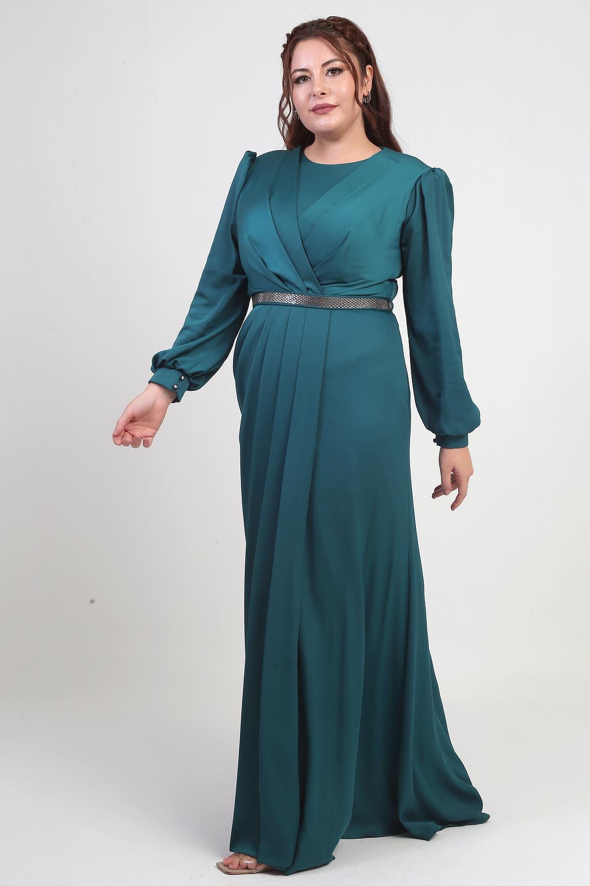 S-25Y1190019Kadın Kruvaze Yaka Görünümlü Pileli Astarlı Uzun Saten B.B. Elbise