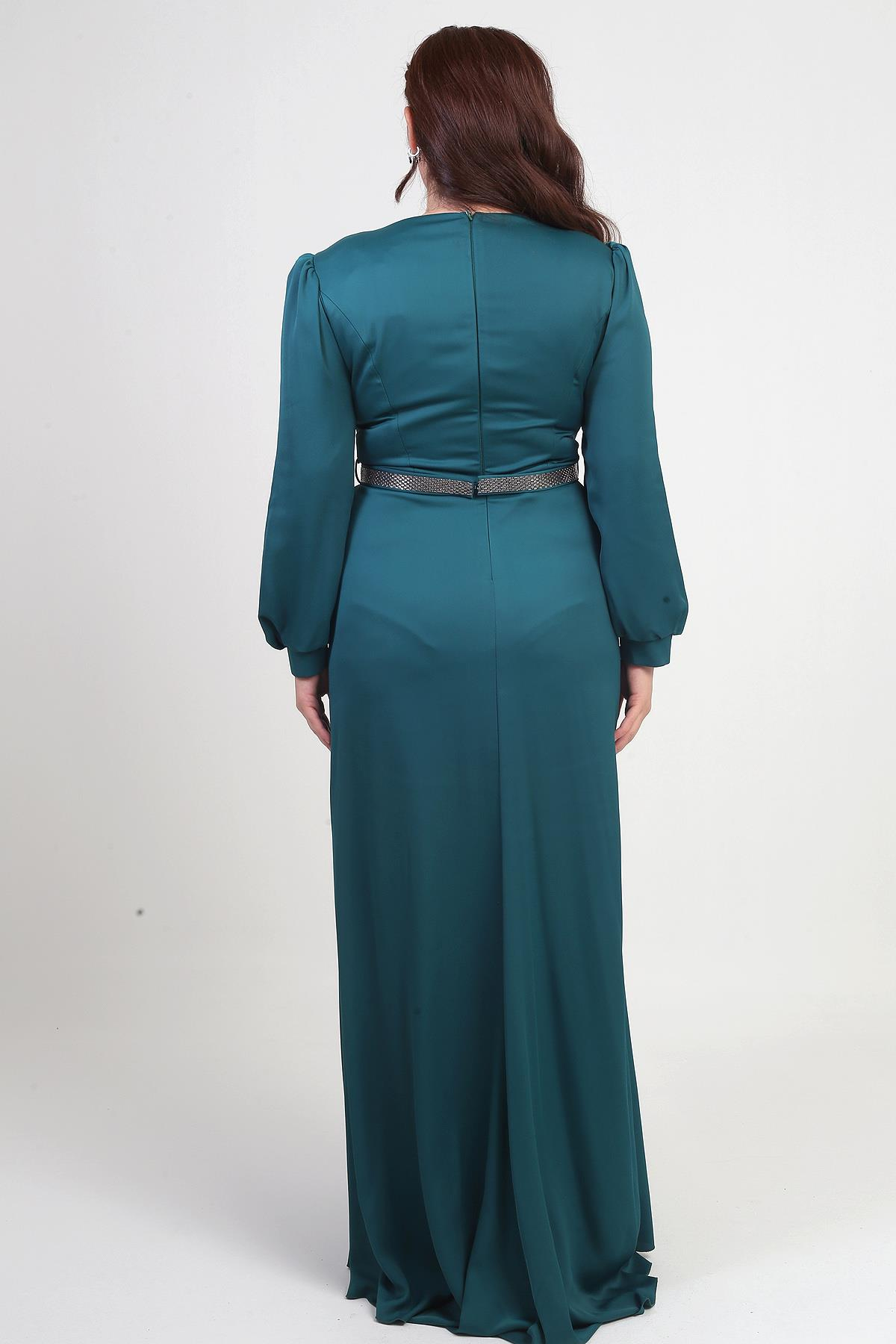 S-25Y1190019Kadın Kruvaze Yaka Görünümlü Pileli Astarlı Uzun Saten B.B. Elbise