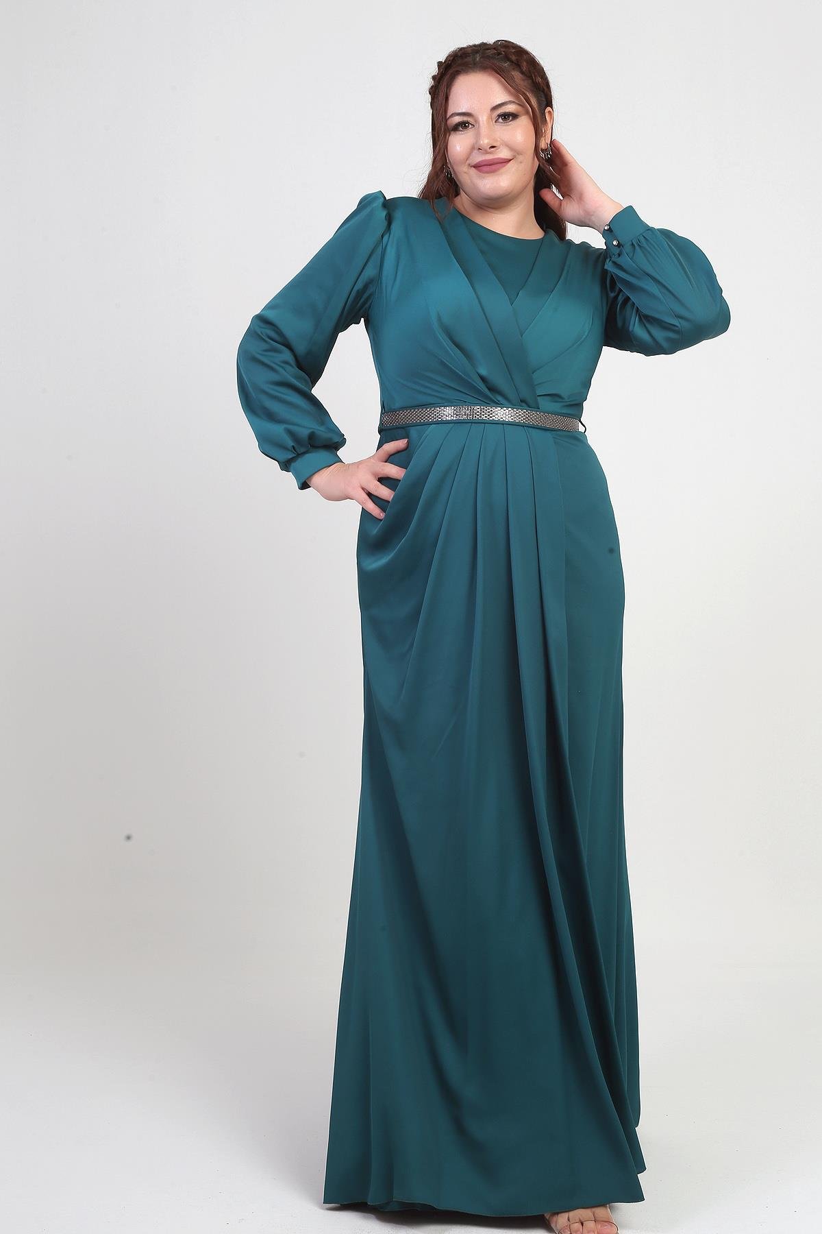 S-25Y1190019Kadın Kruvaze Yaka Görünümlü Pileli Astarlı Uzun Saten B.B. Elbise