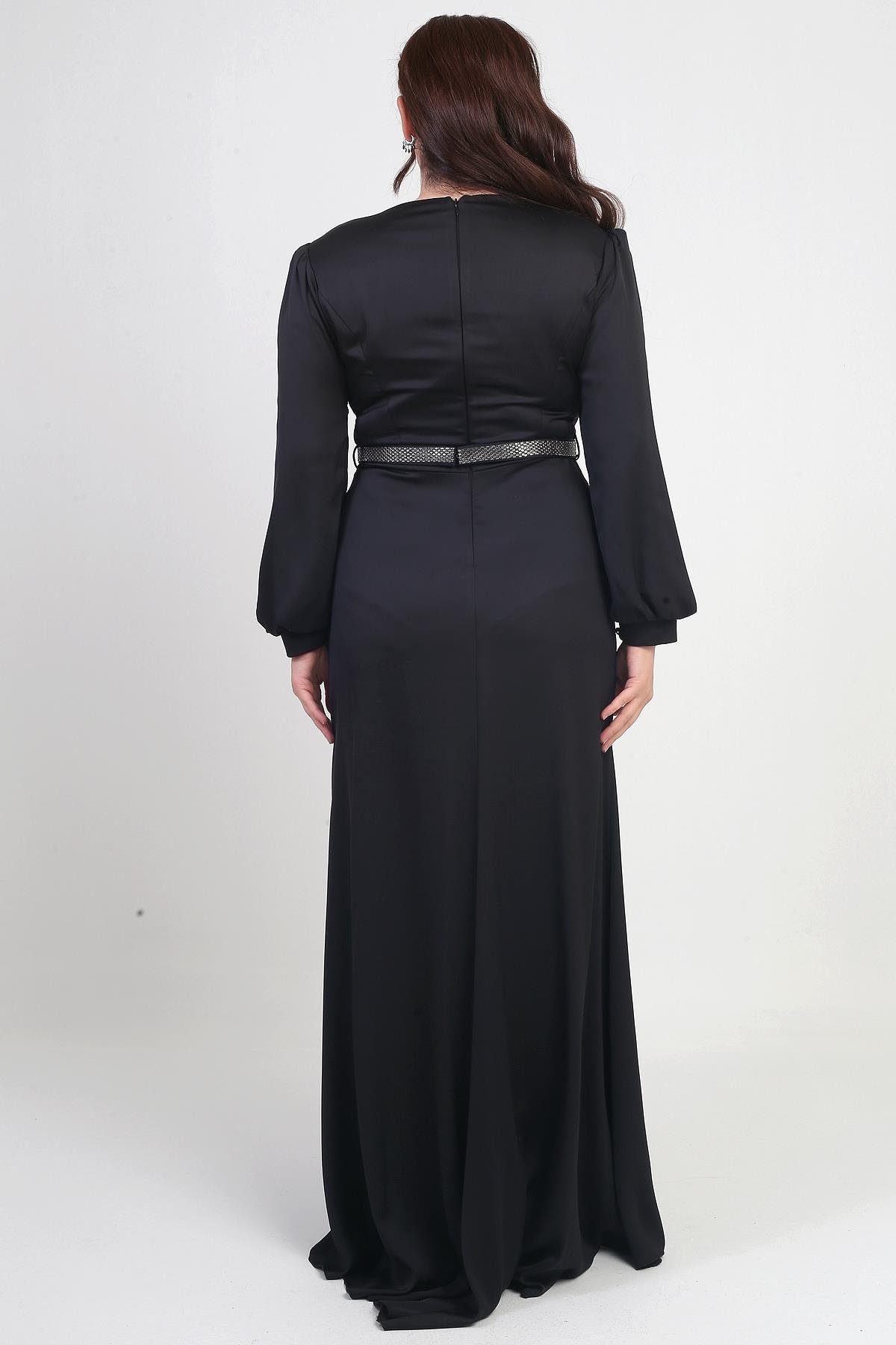 S-25Y1190019Kadın Kruvaze Yaka Görünümlü Pileli Astarlı Uzun Saten B.B. Elbise