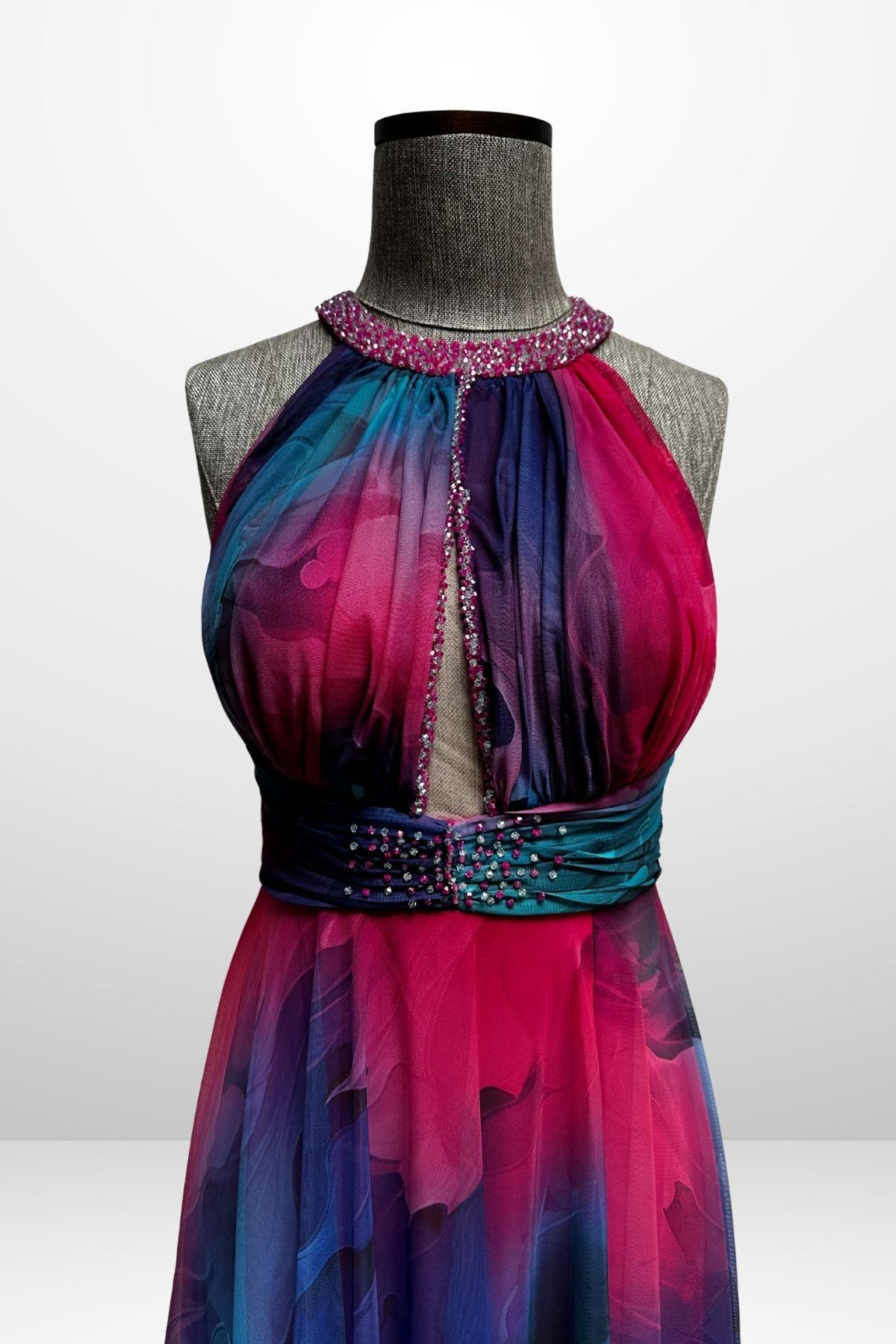 S-25Y1210006Kadın Önü Drapeli Astarlı Boncuk Detaylı Çiçekli Uzun  Şifon Elbise