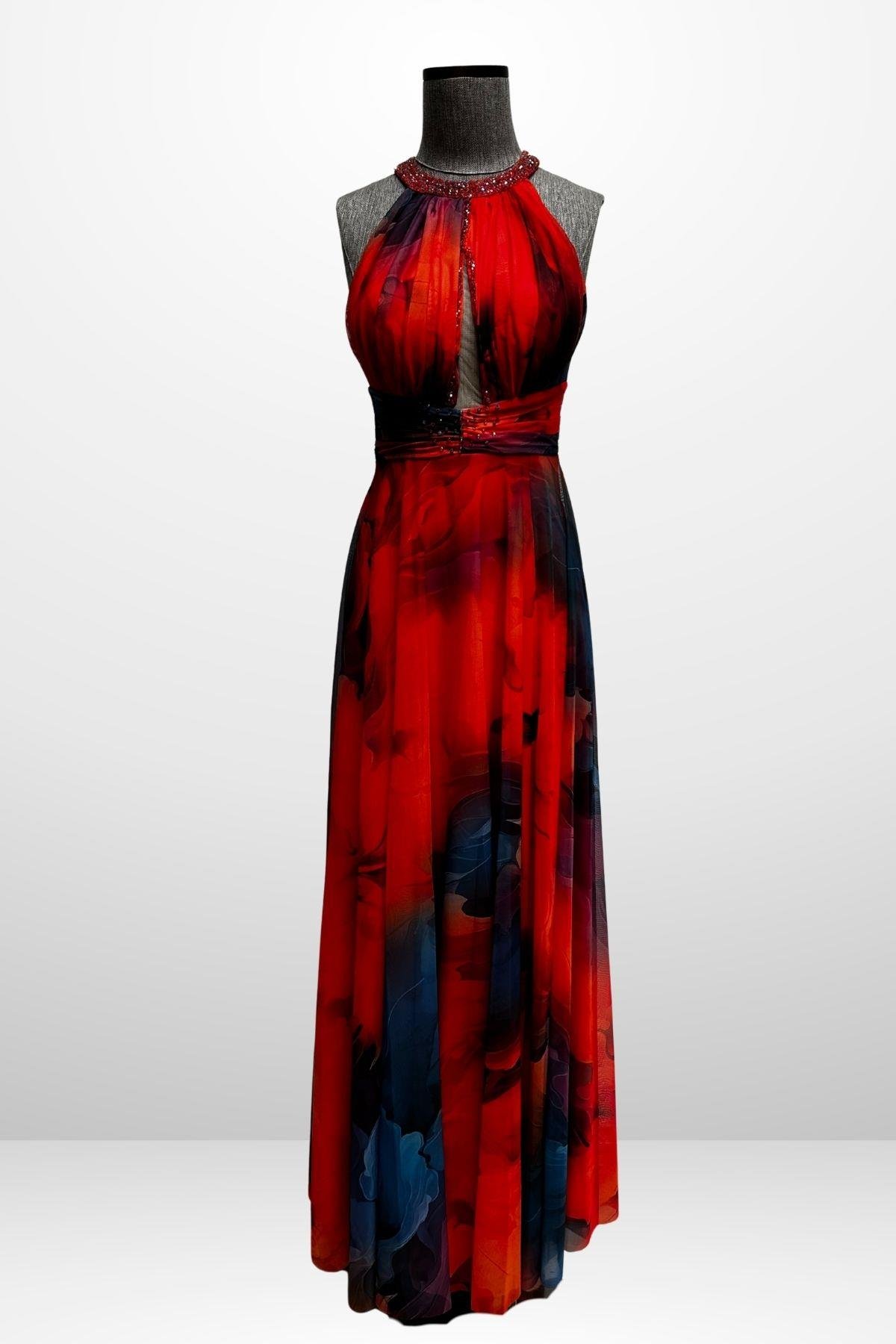 S-25Y1210006Kadın Önü Drapeli Astarlı Boncuk Detaylı Çiçekli Uzun  Şifon Elbise