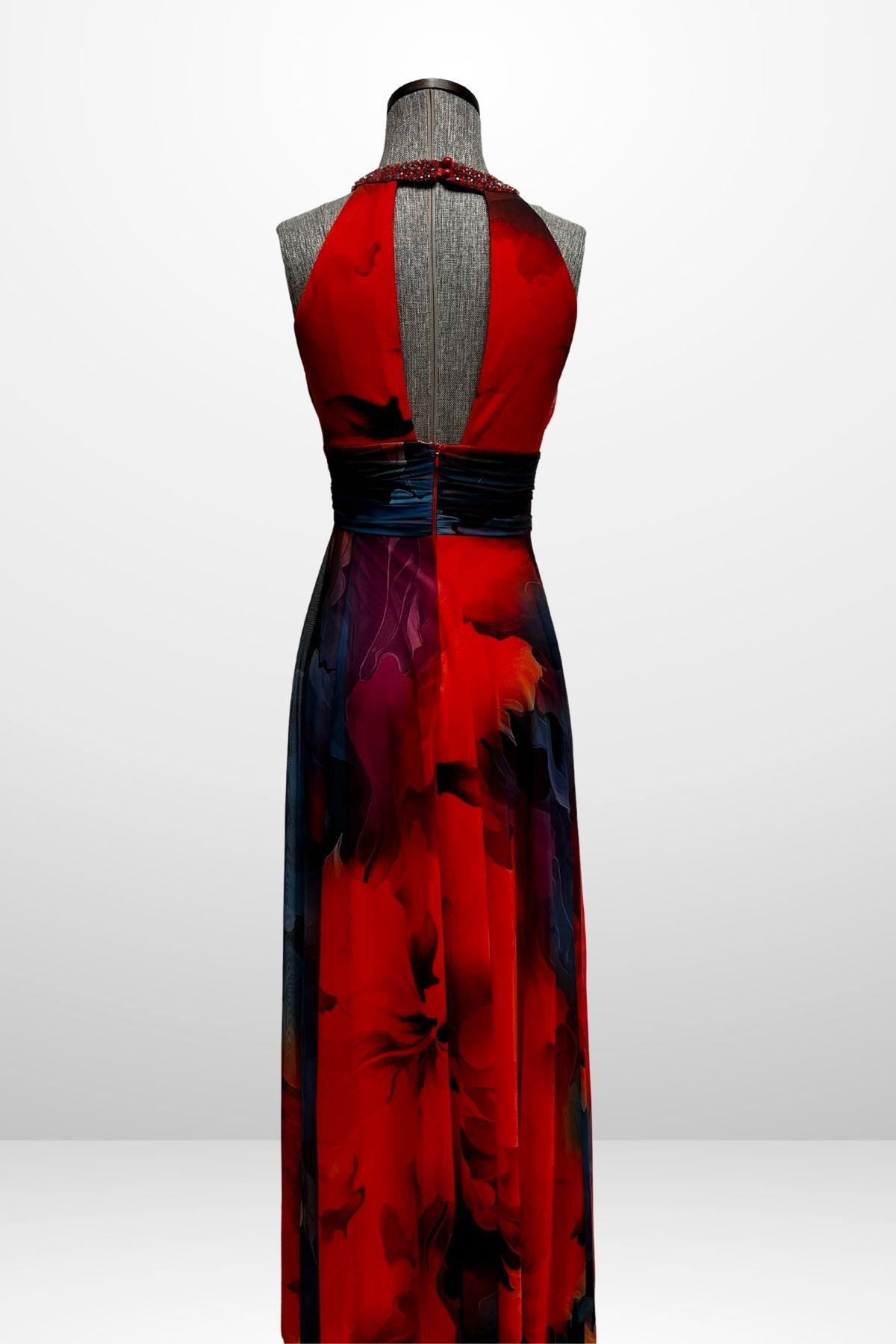 S-25Y1210006Kadın Önü Drapeli Astarlı Boncuk Detaylı Çiçekli Uzun  Şifon Elbise