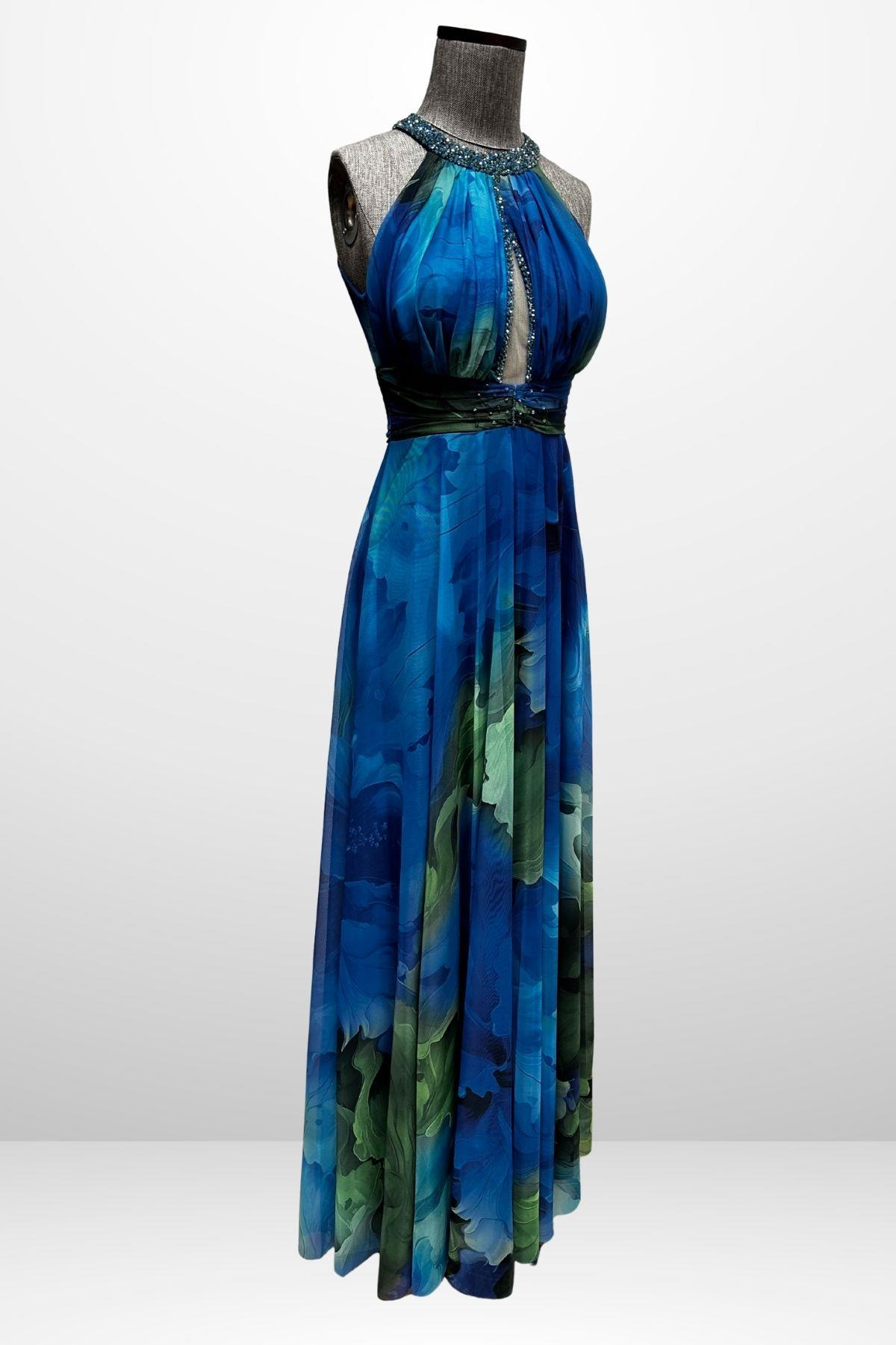 S-25Y1210006Kadın Önü Drapeli Astarlı Boncuk Detaylı Çiçekli Uzun  Şifon Elbise