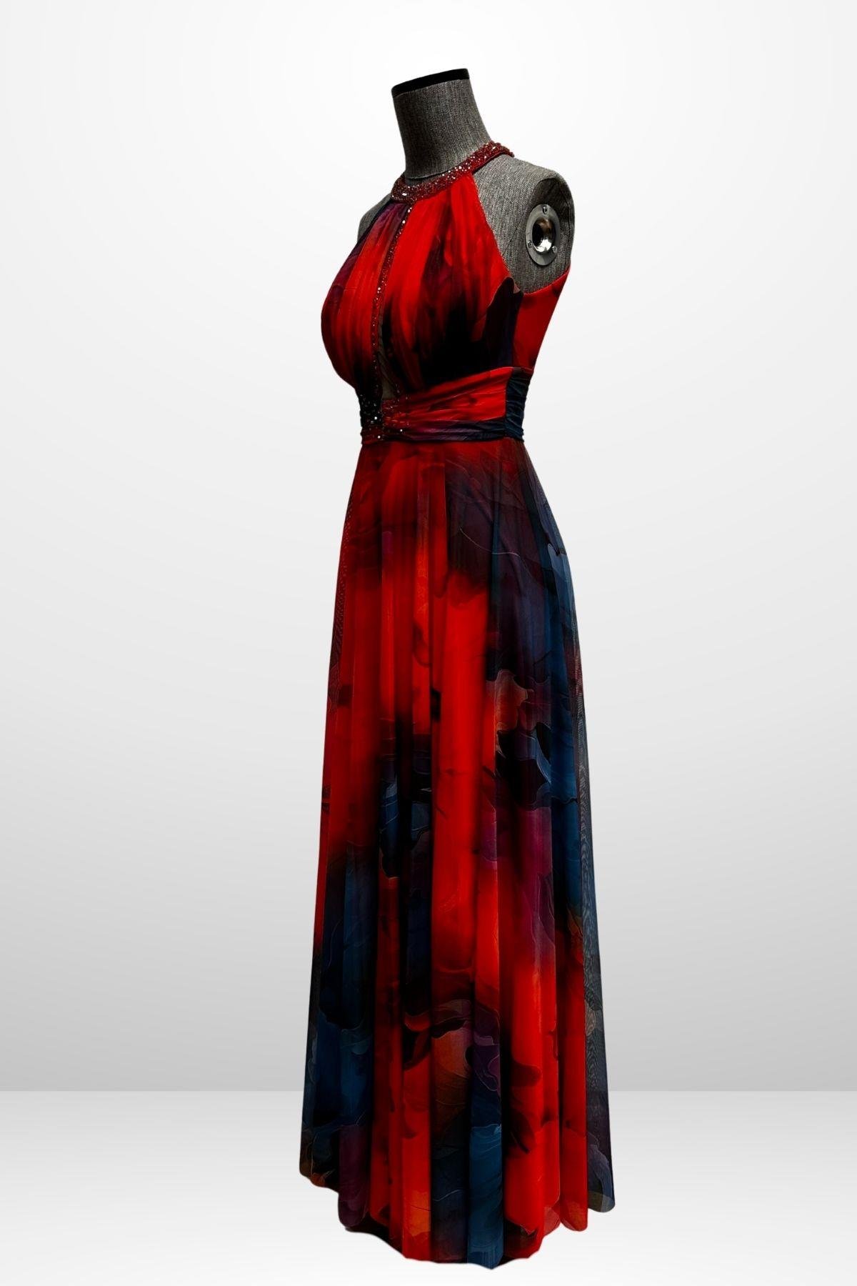 S-25Y1210006Kadın Önü Drapeli Astarlı Boncuk Detaylı Çiçekli Uzun  Şifon Elbise