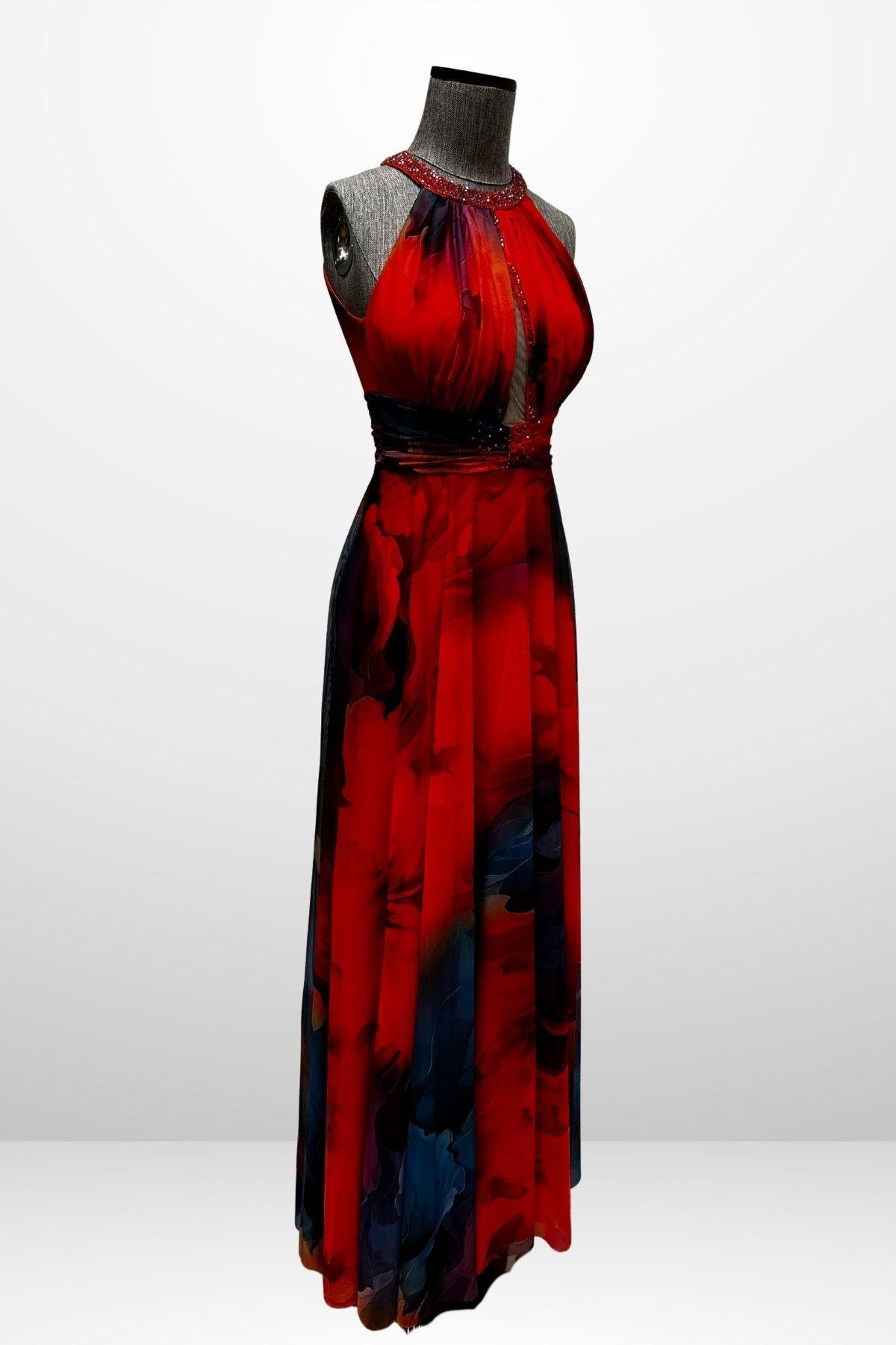 S-25Y1210006Kadın Önü Drapeli Astarlı Boncuk Detaylı Çiçekli Uzun  Şifon Elbise