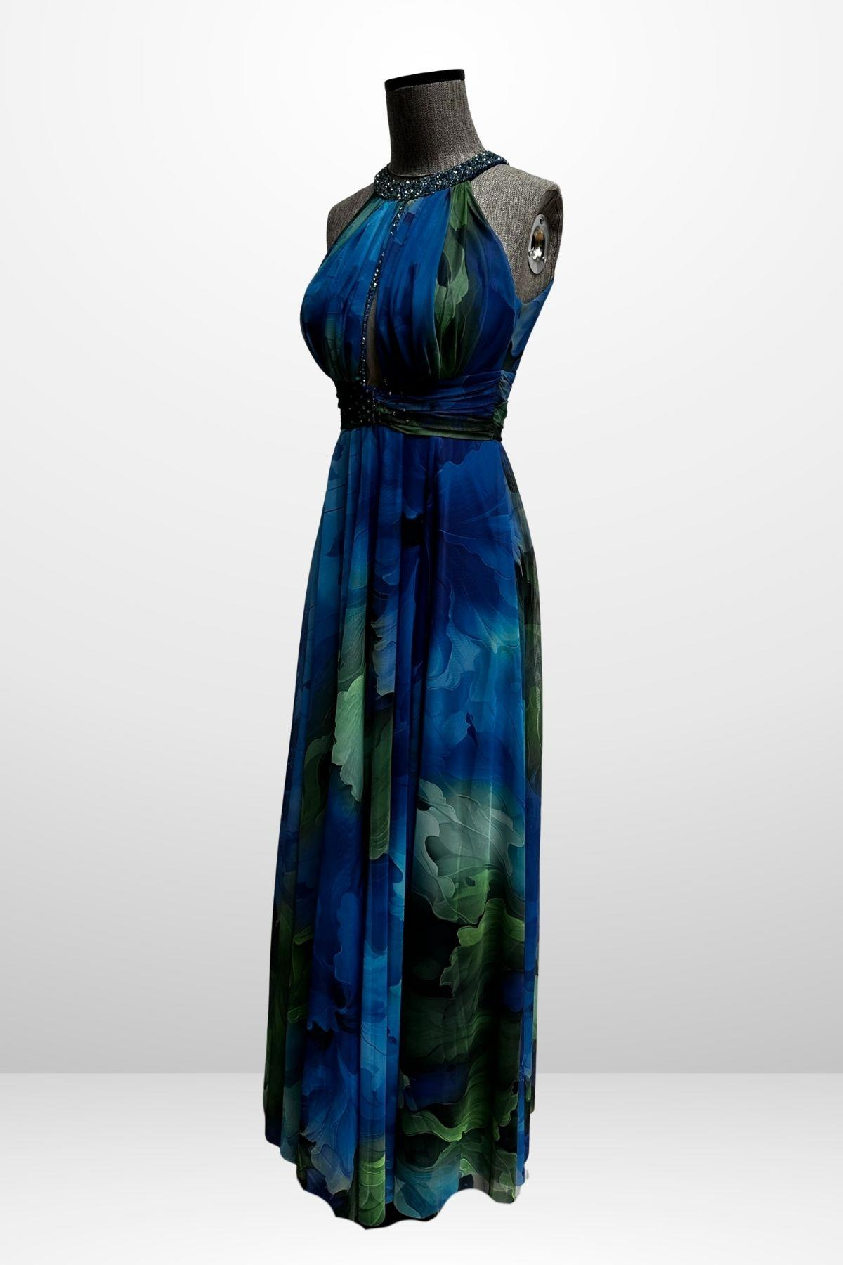 S-25Y1210006Kadın Önü Drapeli Astarlı Boncuk Detaylı Çiçekli Uzun  Şifon Elbise