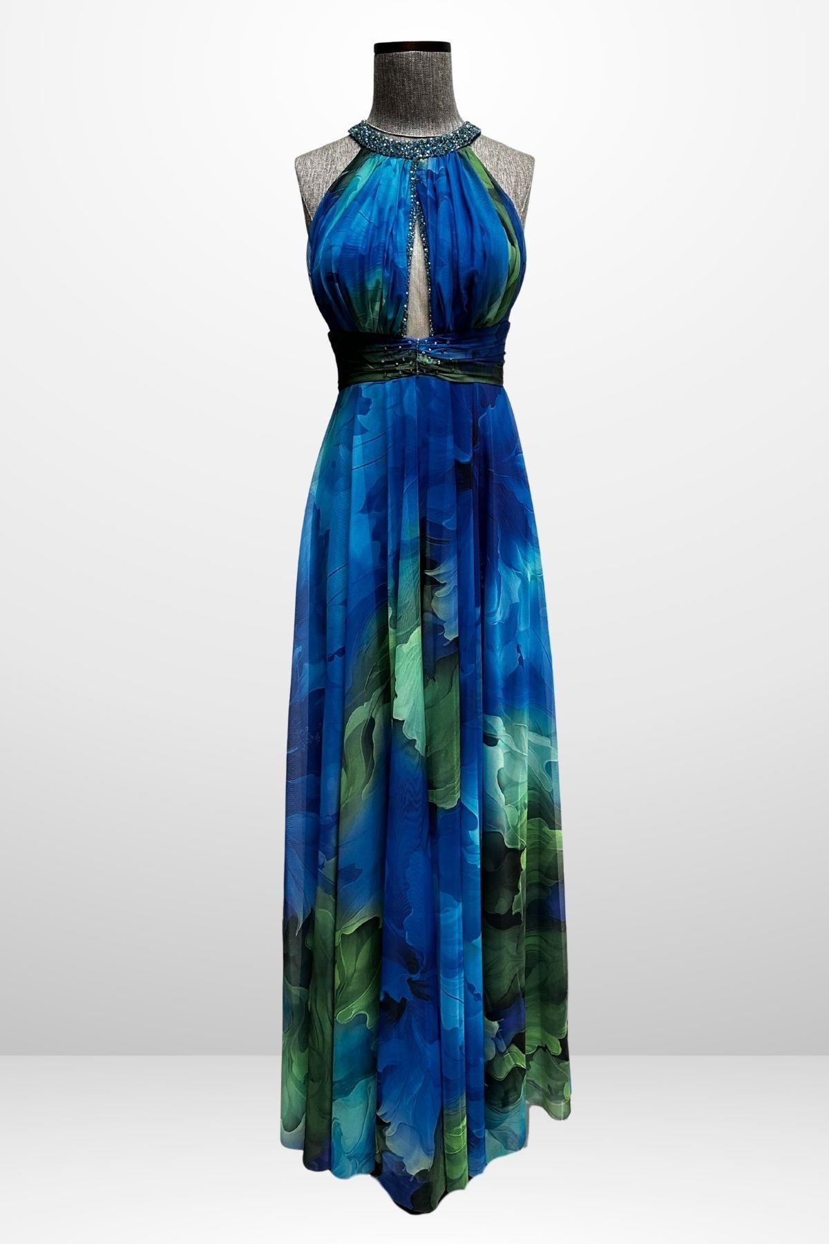 S-25Y1210006Kadın Önü Drapeli Astarlı Boncuk Detaylı Çiçekli Uzun  Şifon Elbise