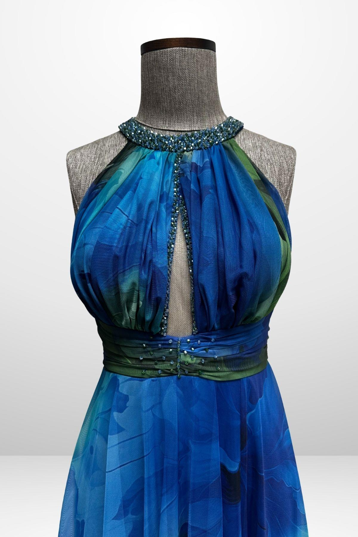 S-25Y1210006Kadın Önü Drapeli Astarlı Boncuk Detaylı Çiçekli Uzun  Şifon Elbise