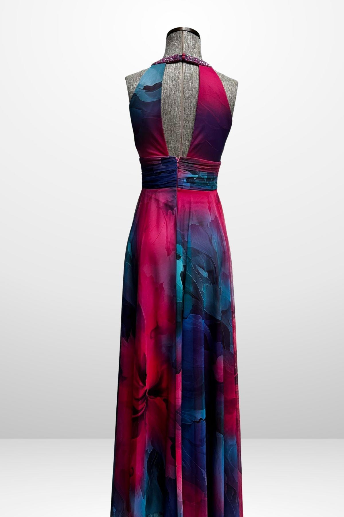 S-25Y1210006Kadın Önü Drapeli Astarlı Boncuk Detaylı Çiçekli Uzun  Şifon Elbise