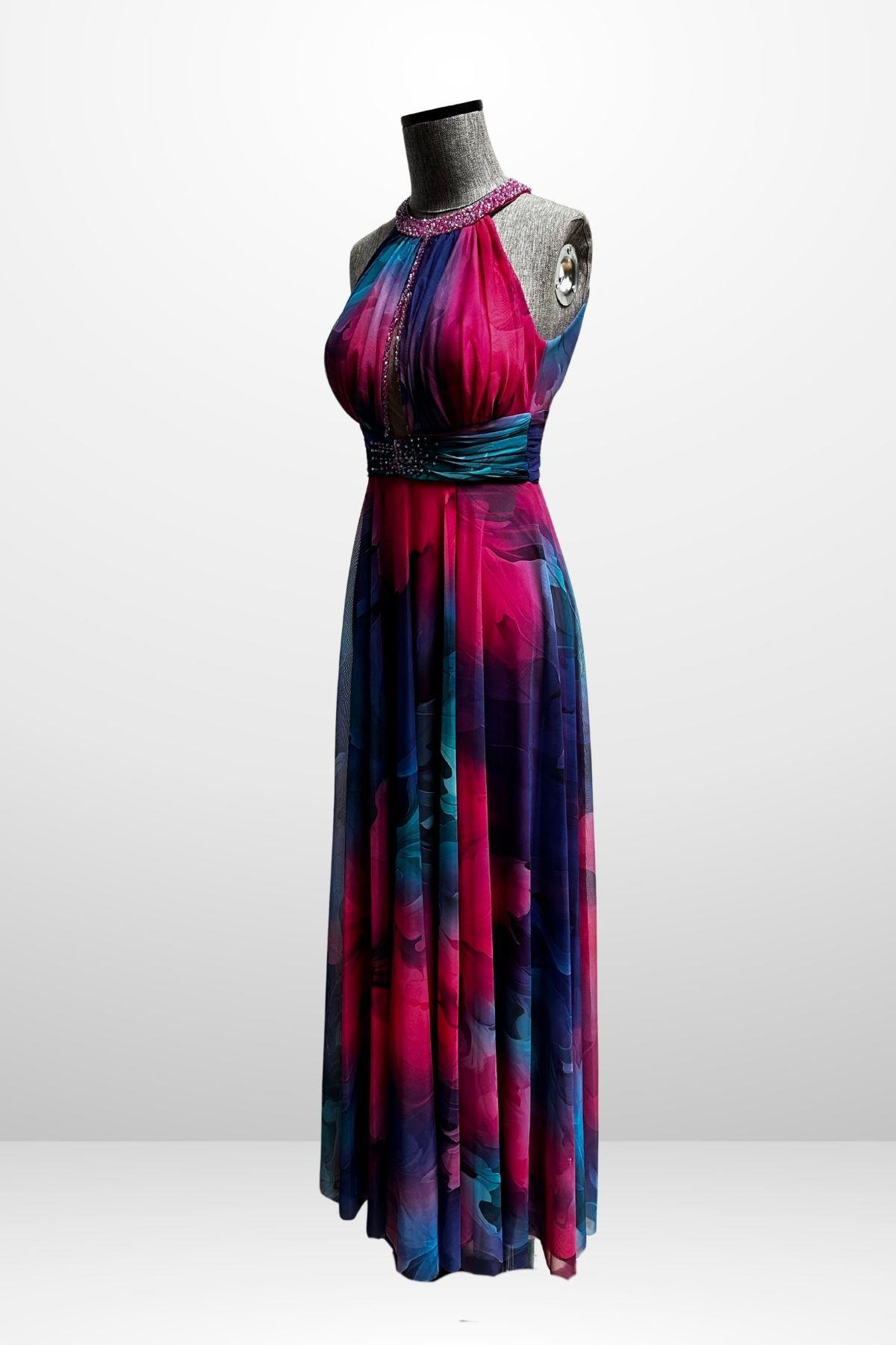 S-25Y1210006Kadın Önü Drapeli Astarlı Boncuk Detaylı Çiçekli Uzun  Şifon Elbise