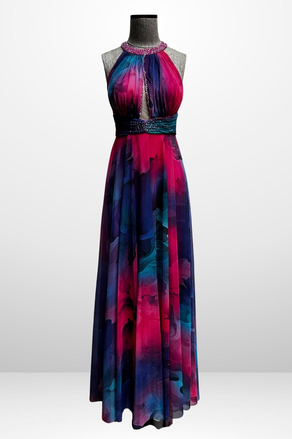 S-25Y1210006Kadın Önü Drapeli Astarlı Boncuk Detaylı Çiçekli Uzun  Şifon Elbise