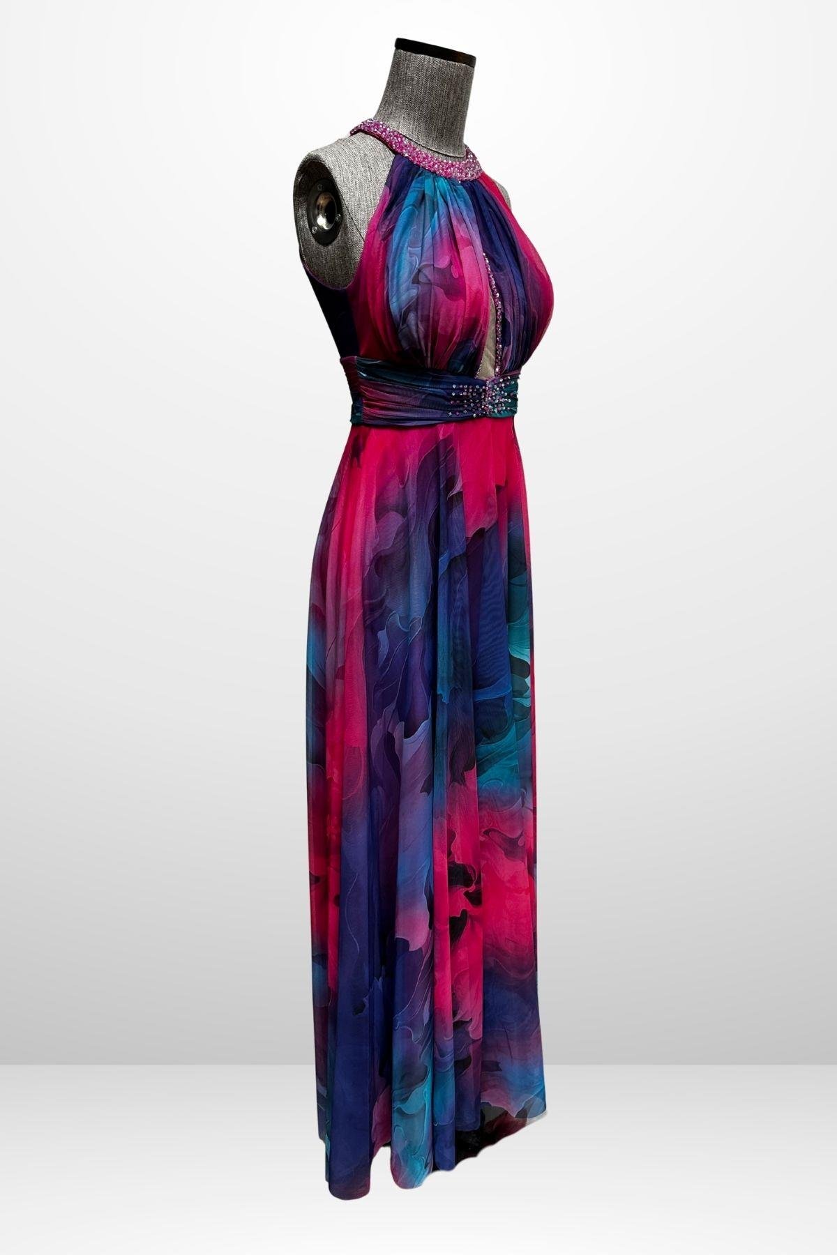 S-25Y1210006Kadın Önü Drapeli Astarlı Boncuk Detaylı Çiçekli Uzun  Şifon Elbise