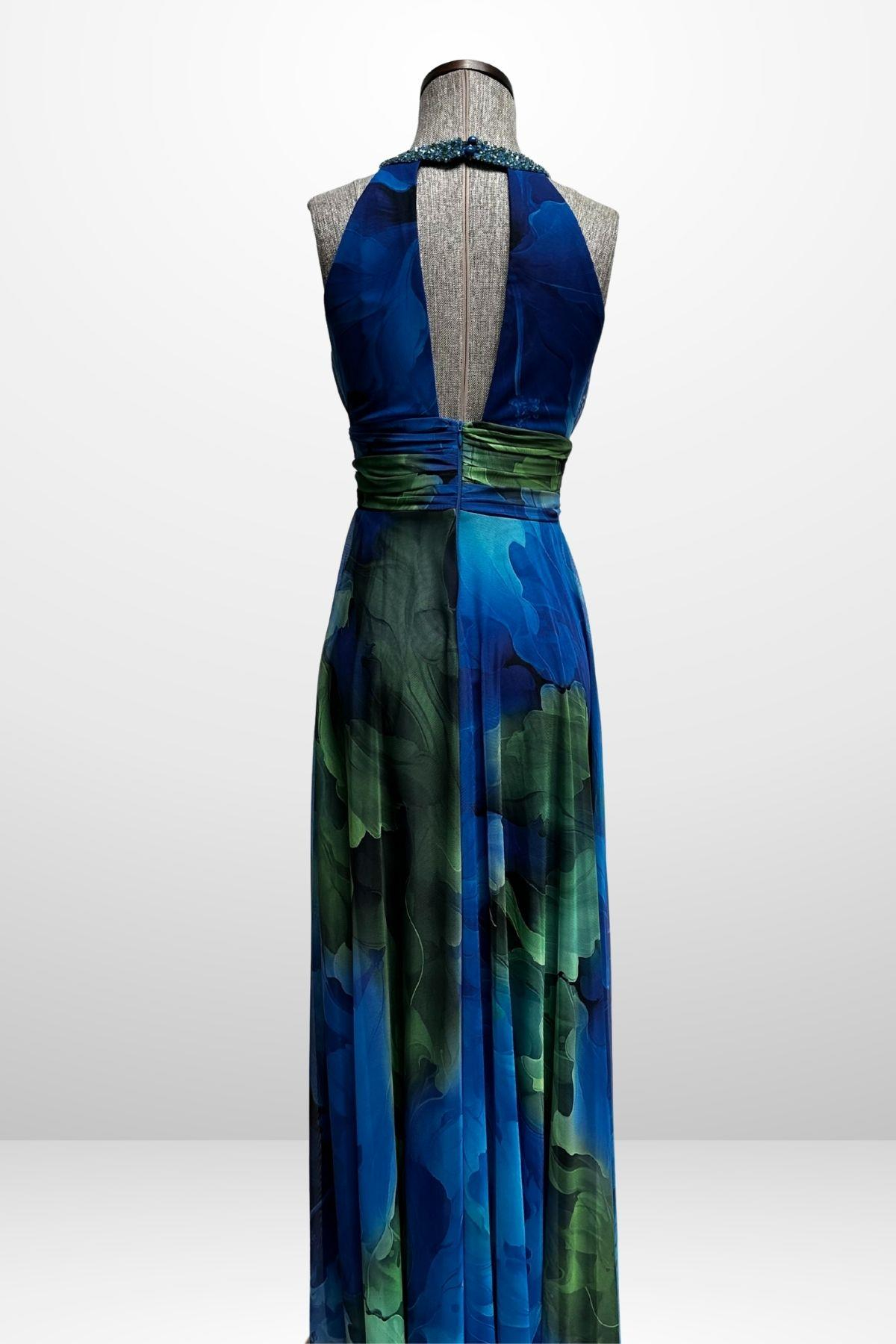 S-25Y1210006Kadın Önü Drapeli Astarlı Boncuk Detaylı Çiçekli Uzun  Şifon Elbise