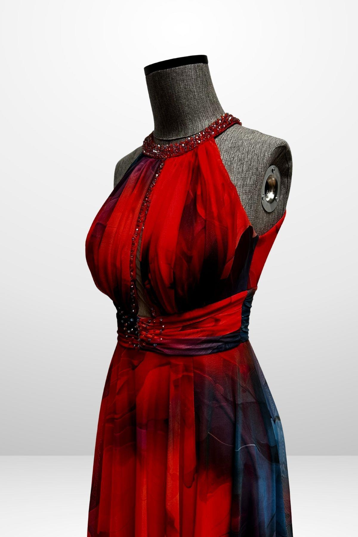 S-25Y1210006Kadın Önü Drapeli Astarlı Boncuk Detaylı Çiçekli Uzun  Şifon Elbise