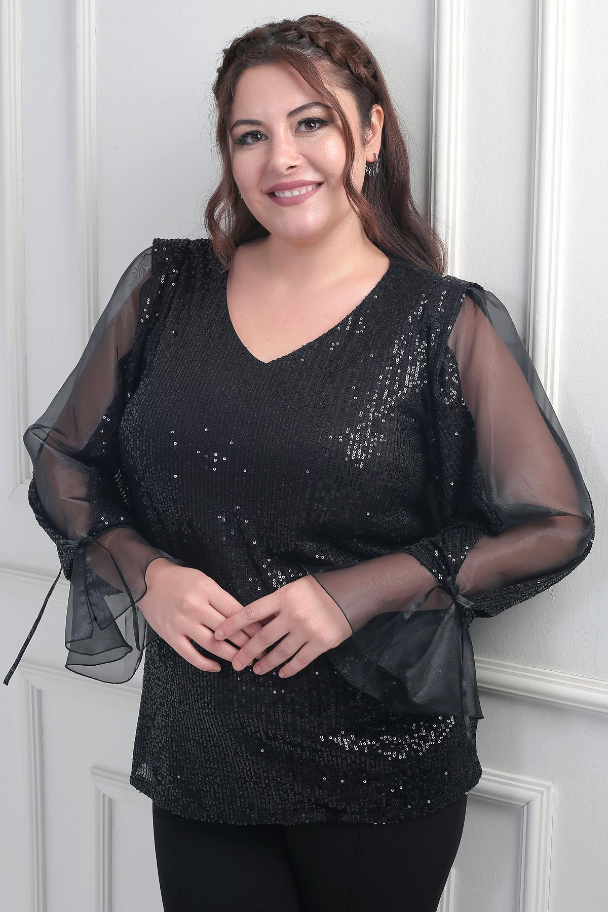 S-25Y1210007Kadın V Yaka Kolları Organze Pulpayet Büyük Beden Bluz