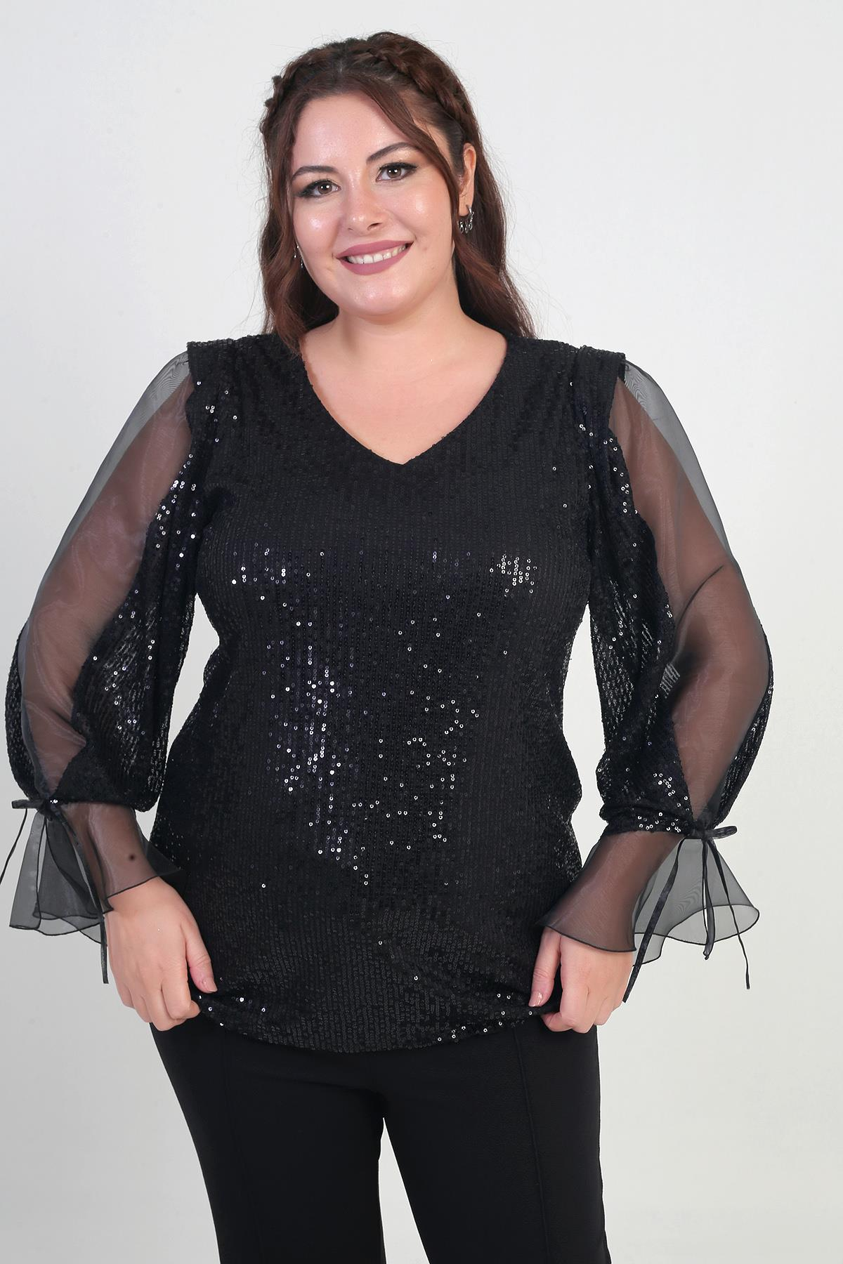 S-25Y1210007Kadın V Yaka Kolları Organze Pulpayet Büyük Beden Bluz