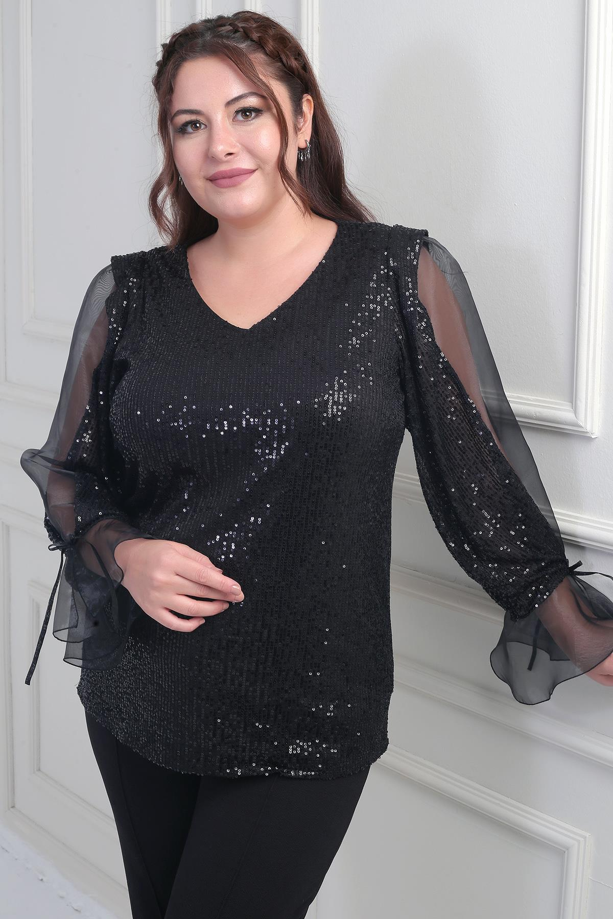 S-25Y1210007Kadın V Yaka Kolları Organze Pulpayet Büyük Beden Bluz