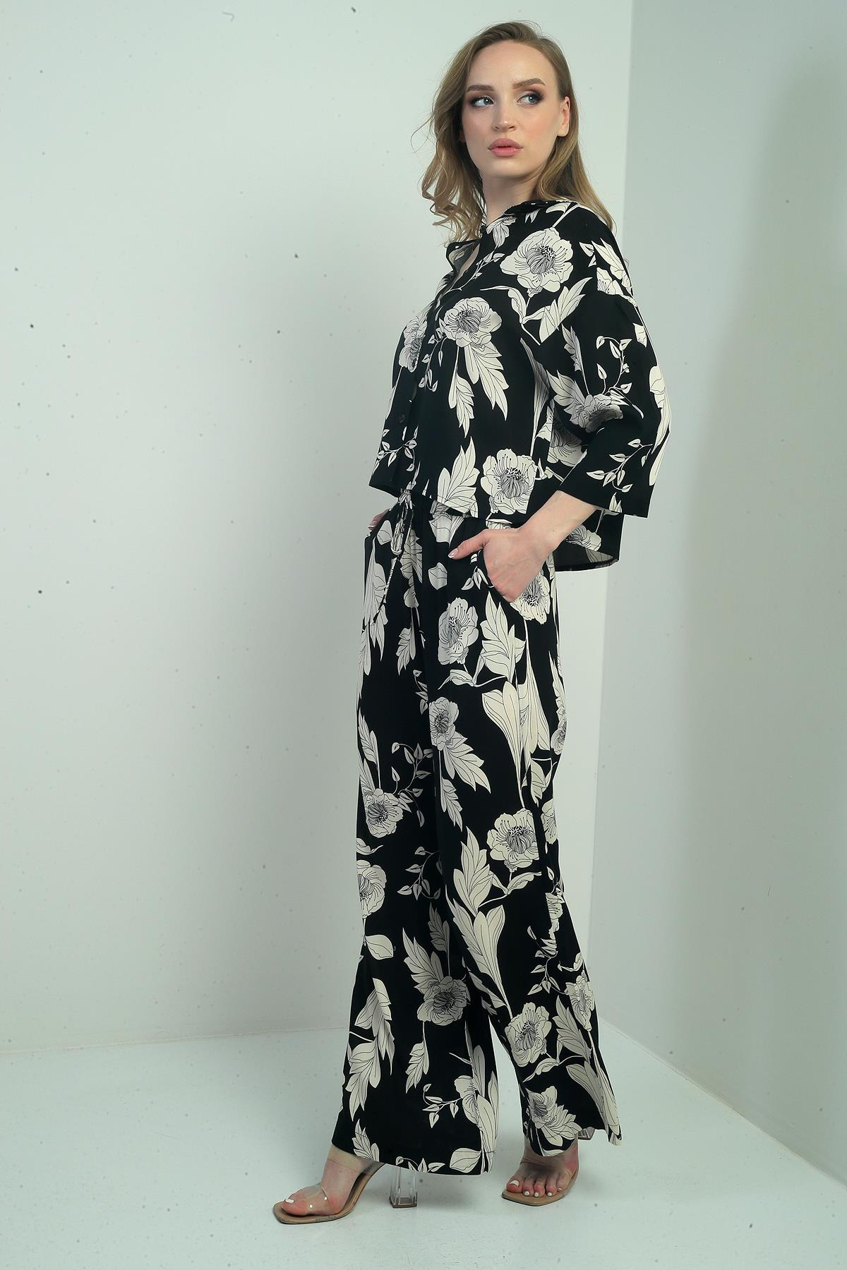 S-25Y1520007Kadın Çiçek Desenli Uzun Kollu Gömlek Beli Lastikli Bağcıklı İkili Takım