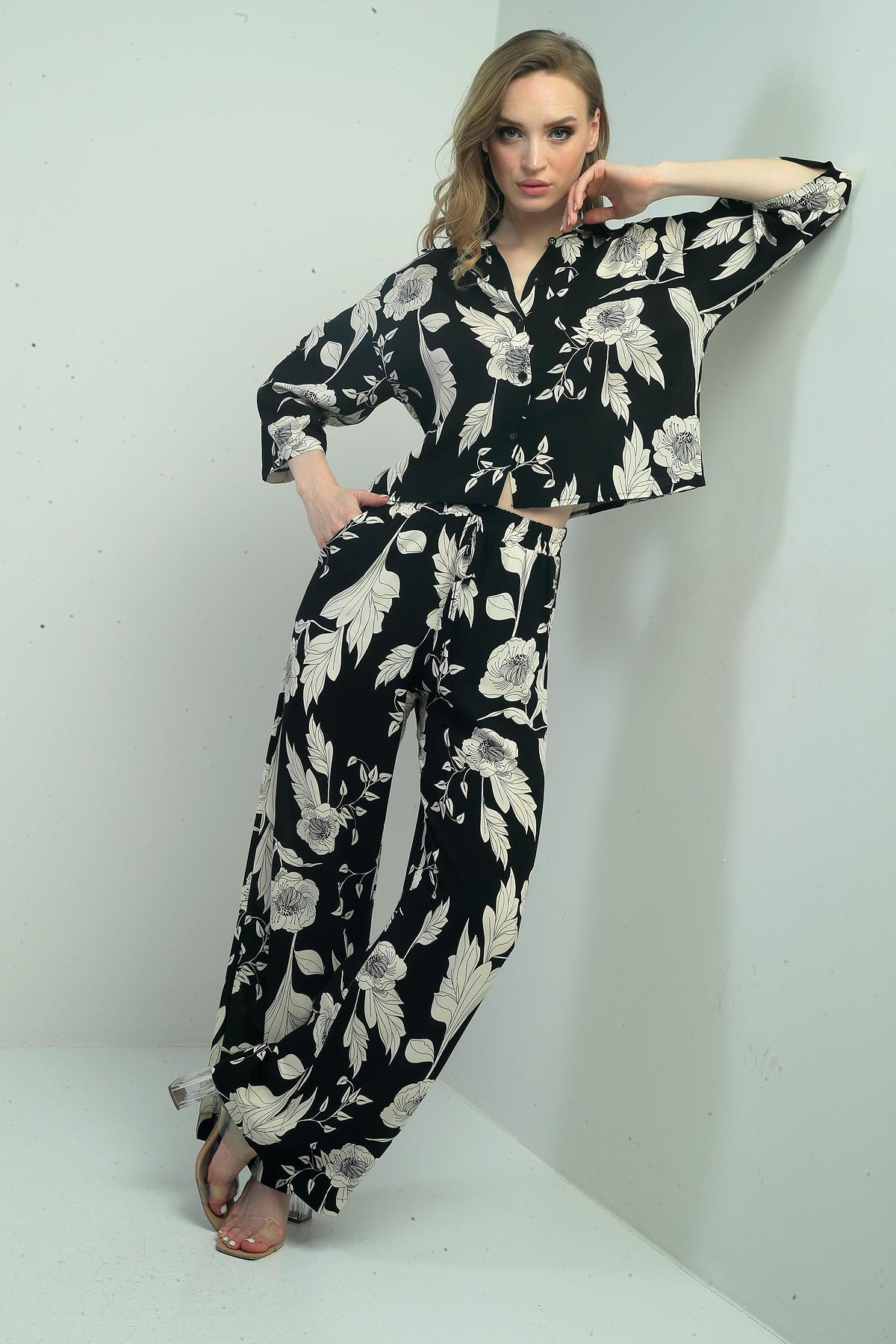 S-25Y1520007Kadın Çiçek Desenli Uzun Kollu Gömlek Beli Lastikli Bağcıklı İkili Takım