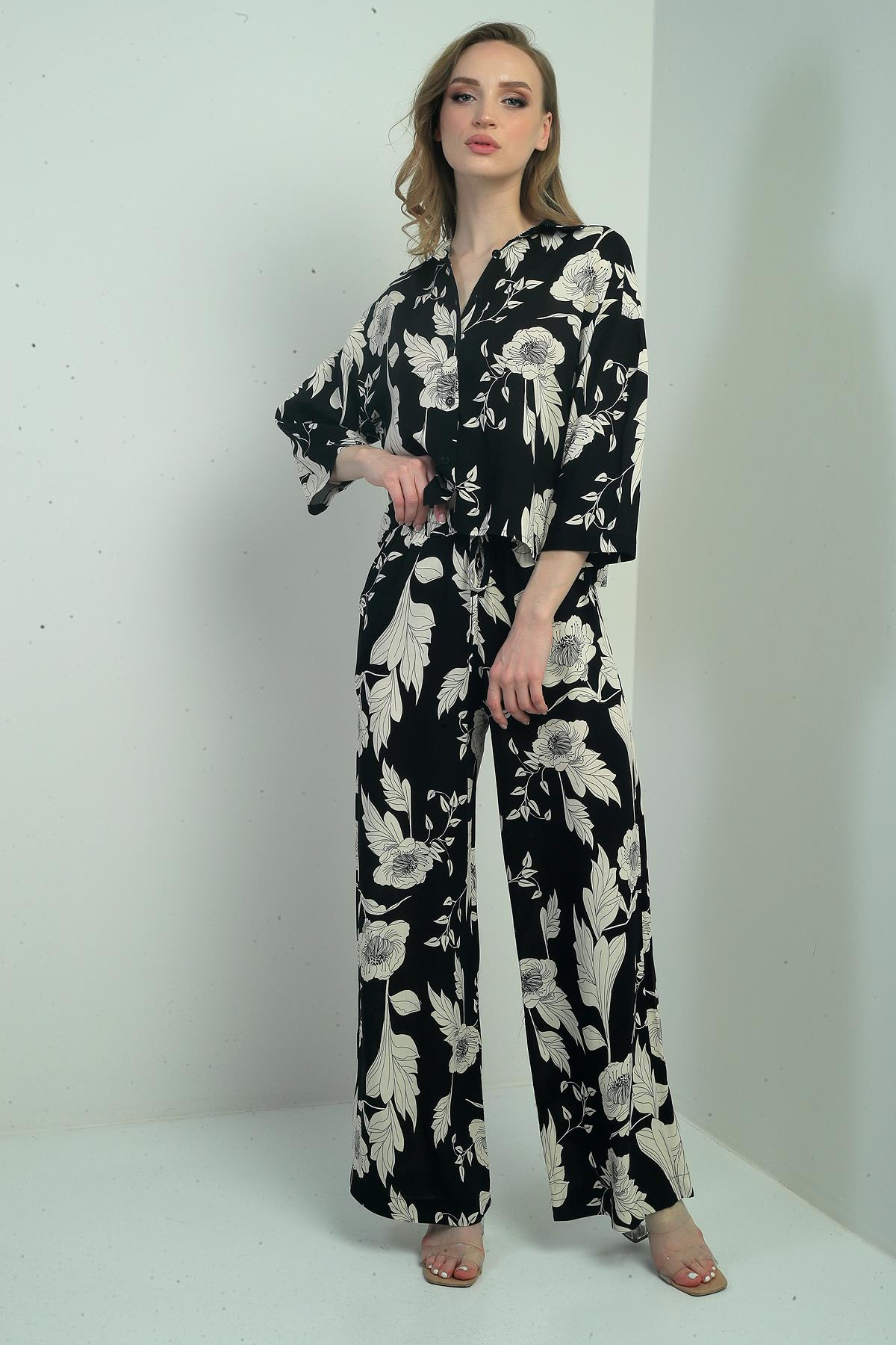 S-25Y1520007Kadın Çiçek Desenli Uzun Kollu Gömlek Beli Lastikli Bağcıklı İkili Takım