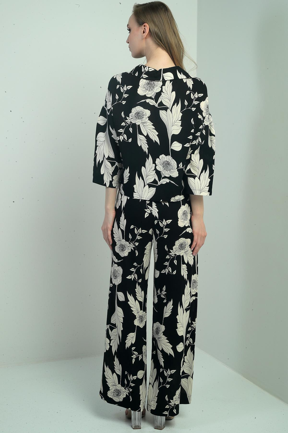 S-25Y1520007Kadın Çiçek Desenli Uzun Kollu Gömlek Beli Lastikli Bağcıklı İkili Takım