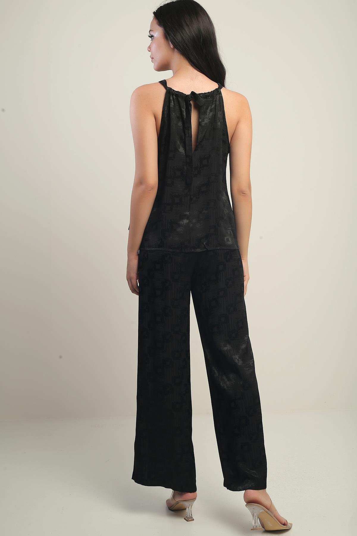 S-25Y1520014Kadın İnce Askılı Bluz Beli Lastikli Cepli Palazzo Pantolon Geometrik Desen Saten 2'li Takım