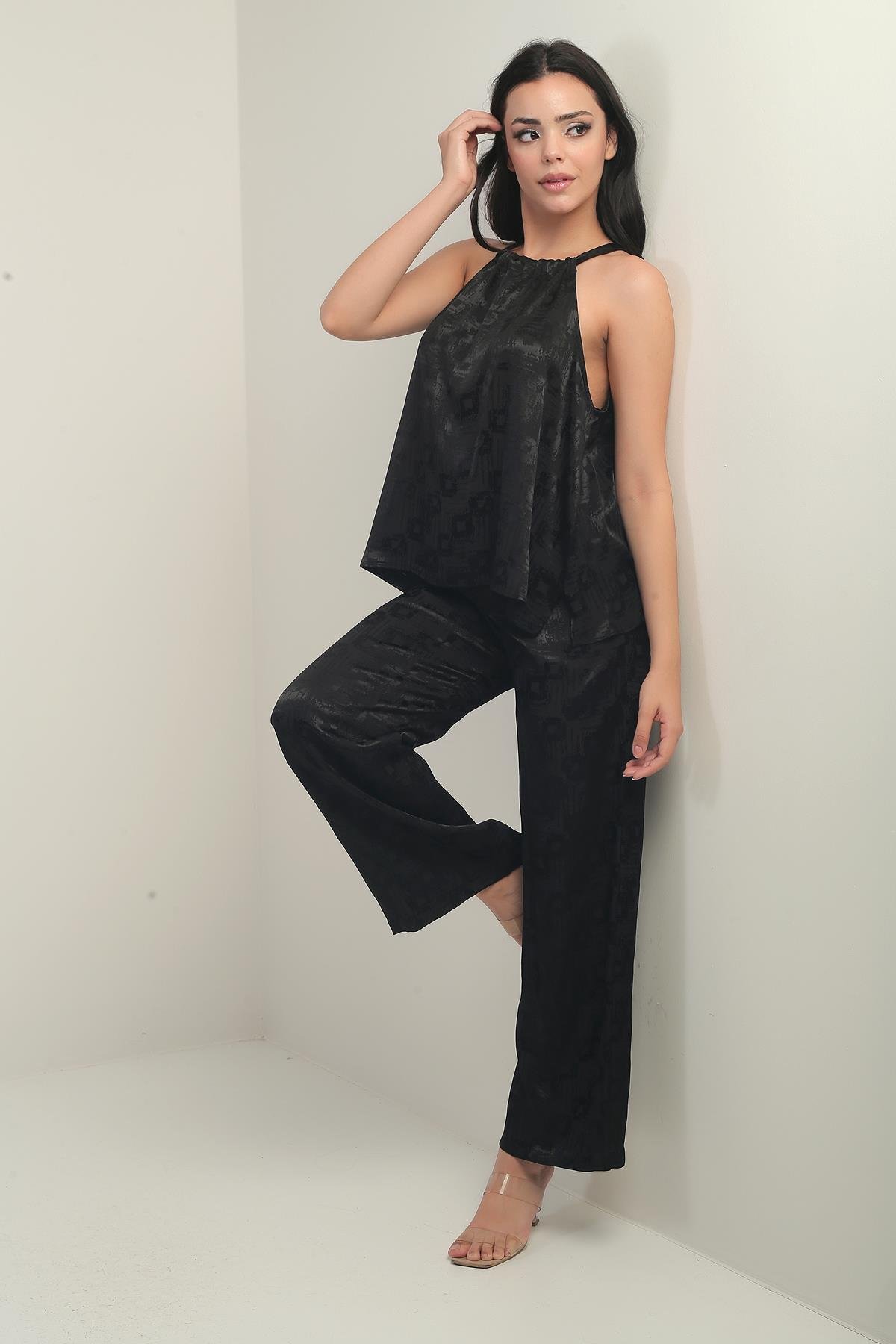 S-25Y1520014Kadın İnce Askılı Bluz Beli Lastikli Cepli Palazzo Pantolon Geometrik Desen Saten 2'li Takım