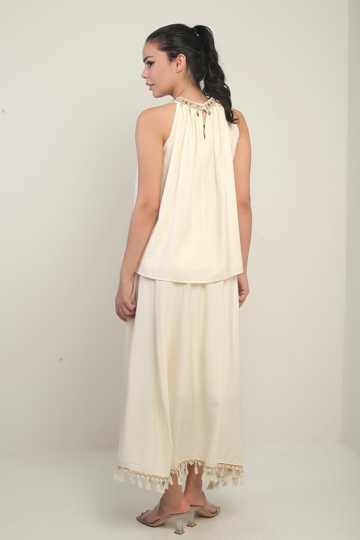 S-25Y1690007Kadın Boncuklu Halter Yaka Bluz Beli Lastikli Astarlı Püsküllü Etek 2'li Takım