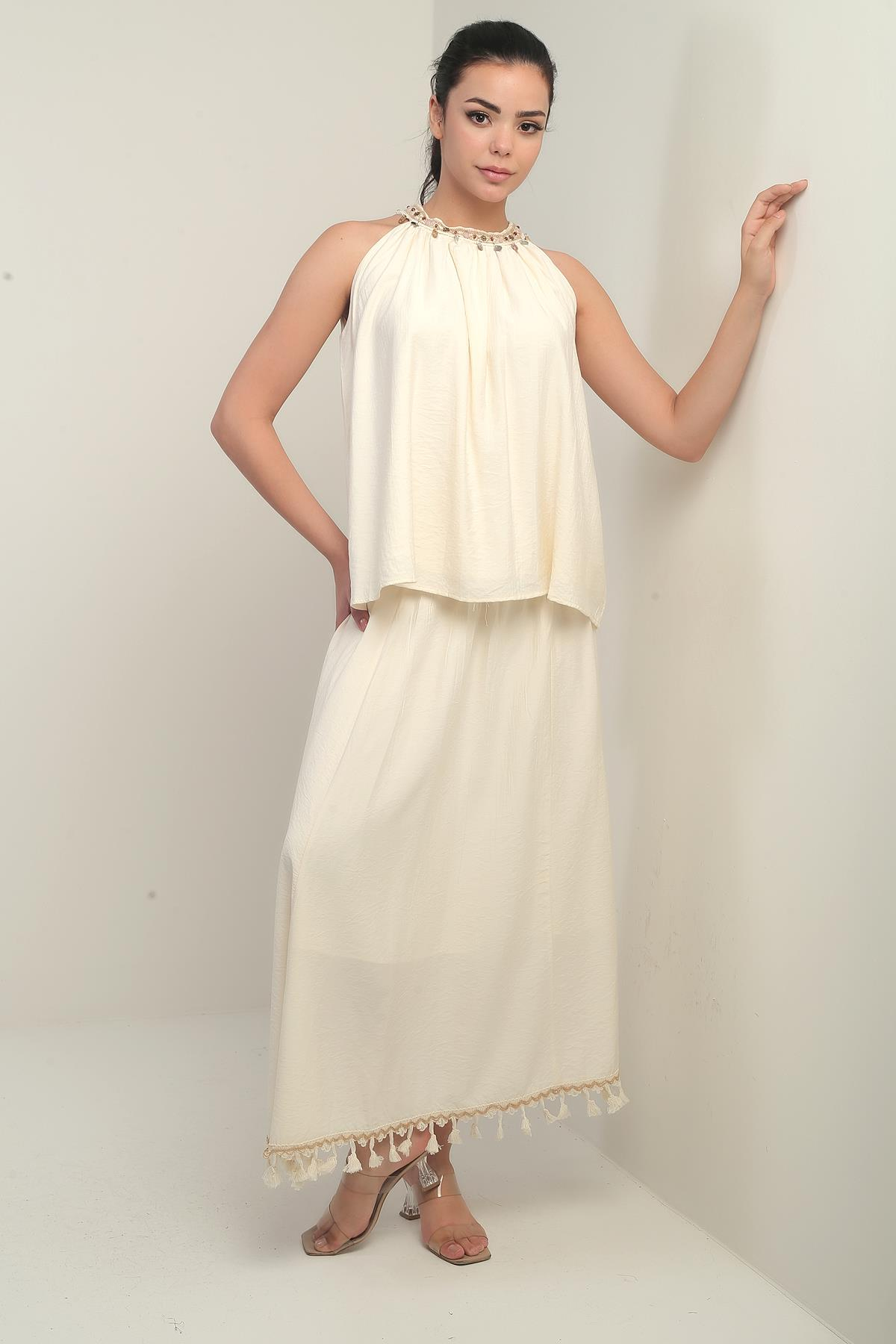 S-25Y1690007Kadın Boncuklu Halter Yaka Bluz Beli Lastikli Astarlı Püsküllü Etek 2'li Takım