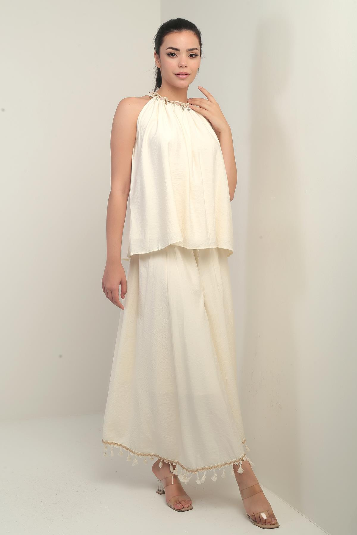 S-25Y1690007Kadın Boncuklu Halter Yaka Bluz Beli Lastikli Astarlı Püsküllü Etek 2'li Takım