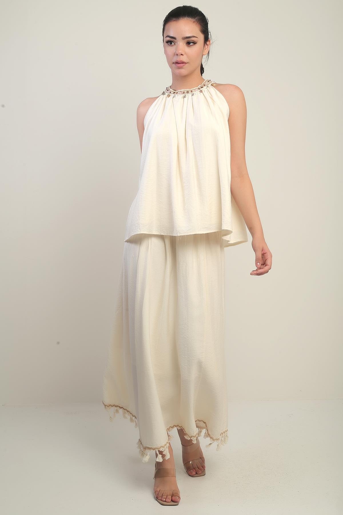 S-25Y1690007Kadın Boncuklu Halter Yaka Bluz Beli Lastikli Astarlı Püsküllü Etek 2'li Takım