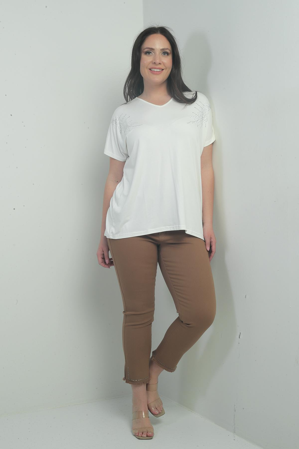 S-25Y1830006Kadın Dar Paça Şerit Taş Detaylı Likralı Büyük Beden Kanvas Pantolon