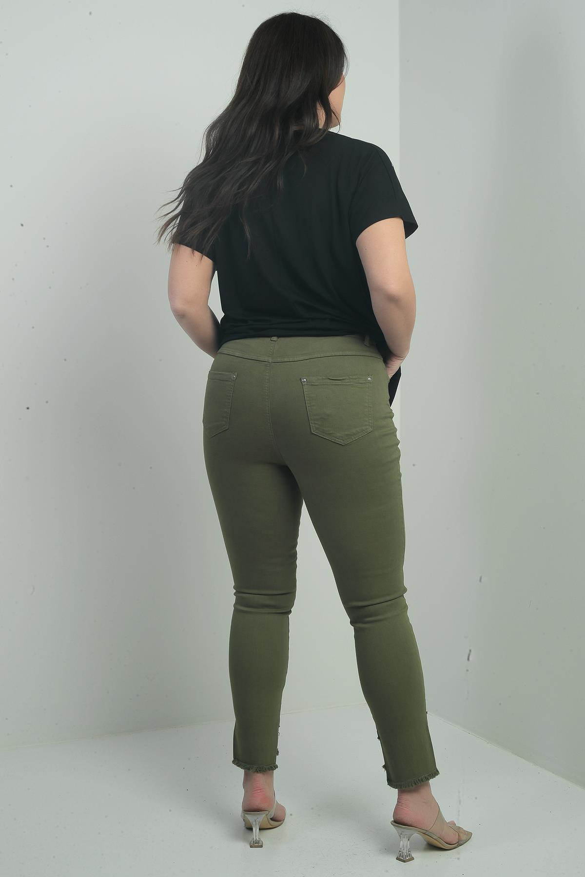 S-25Y1830007Kadın Dar Paça Taş Ve Püskül Detaylı Likralı Büyük Beden Kanvas Pantolon