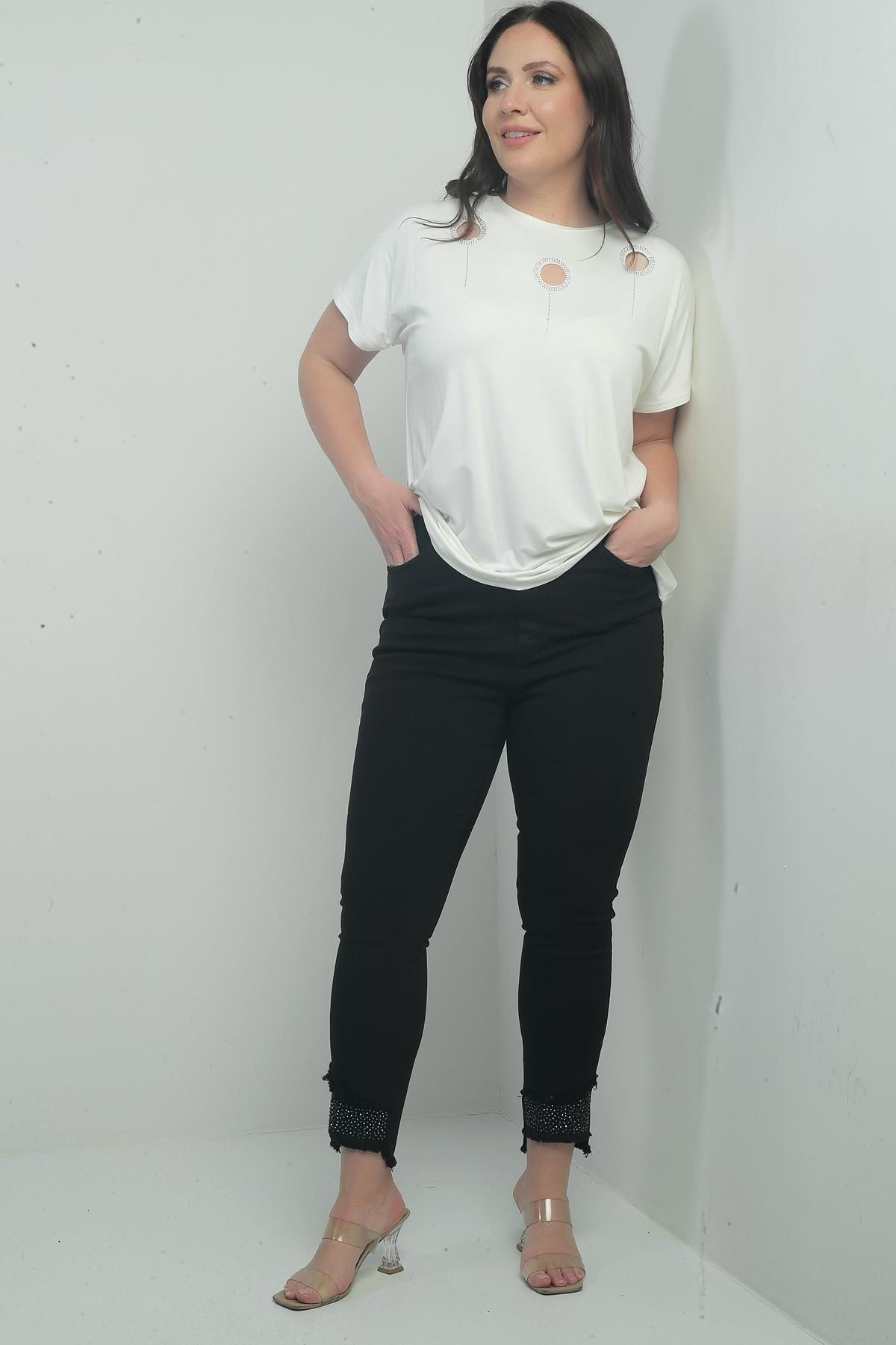 S-25Y1830007Kadın Dar Paça Taş Ve Püskül Detaylı Likralı Büyük Beden Kanvas Pantolon